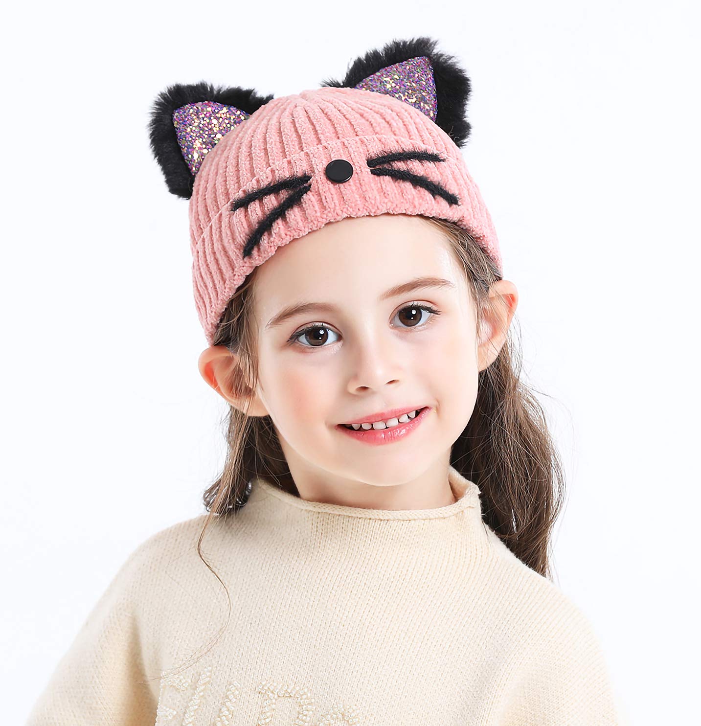 Bellady Kid Girl Hat Cute Cat Ear Beanie Cap Warm for Fall Winter,Child_Pink