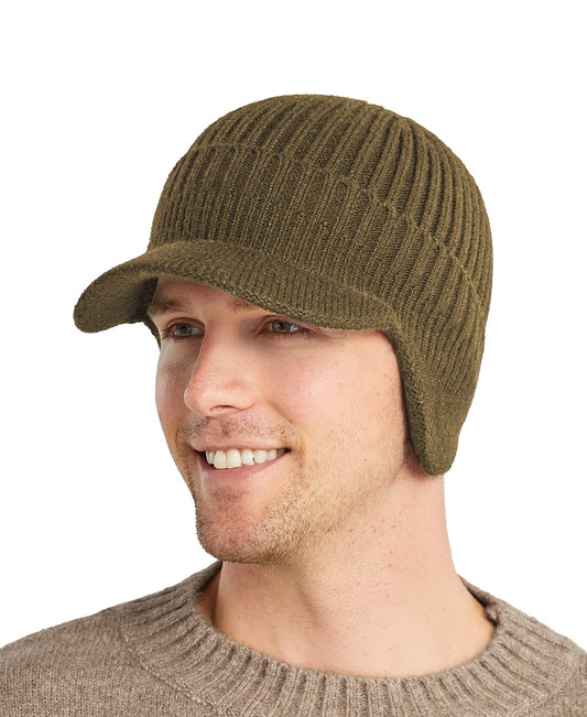 Koreshion Men's Winter Visor Beanie Hat with Earflaps Knit Baseball Cap with Brim Ski Hat Warm Fleece Lined Hunting Hat Khaki