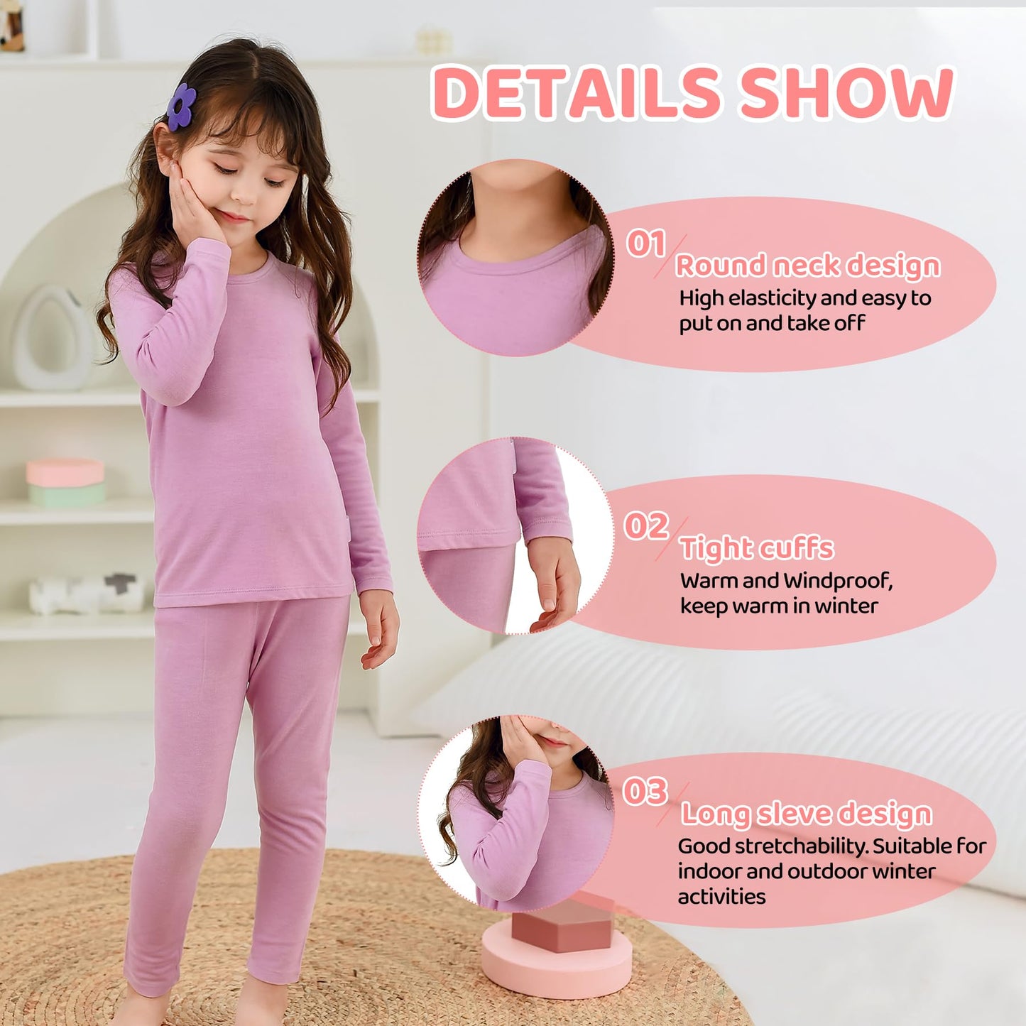 Zando Kids Thermal Underwear Soft Winter Baby Thermal Set Toddler 2 Piece Base Layer Set Ultra Kids Long Johns Girls Fleece Lined Thermals Boys Cold Weather Gear Pink Purple Large (100) /3T
