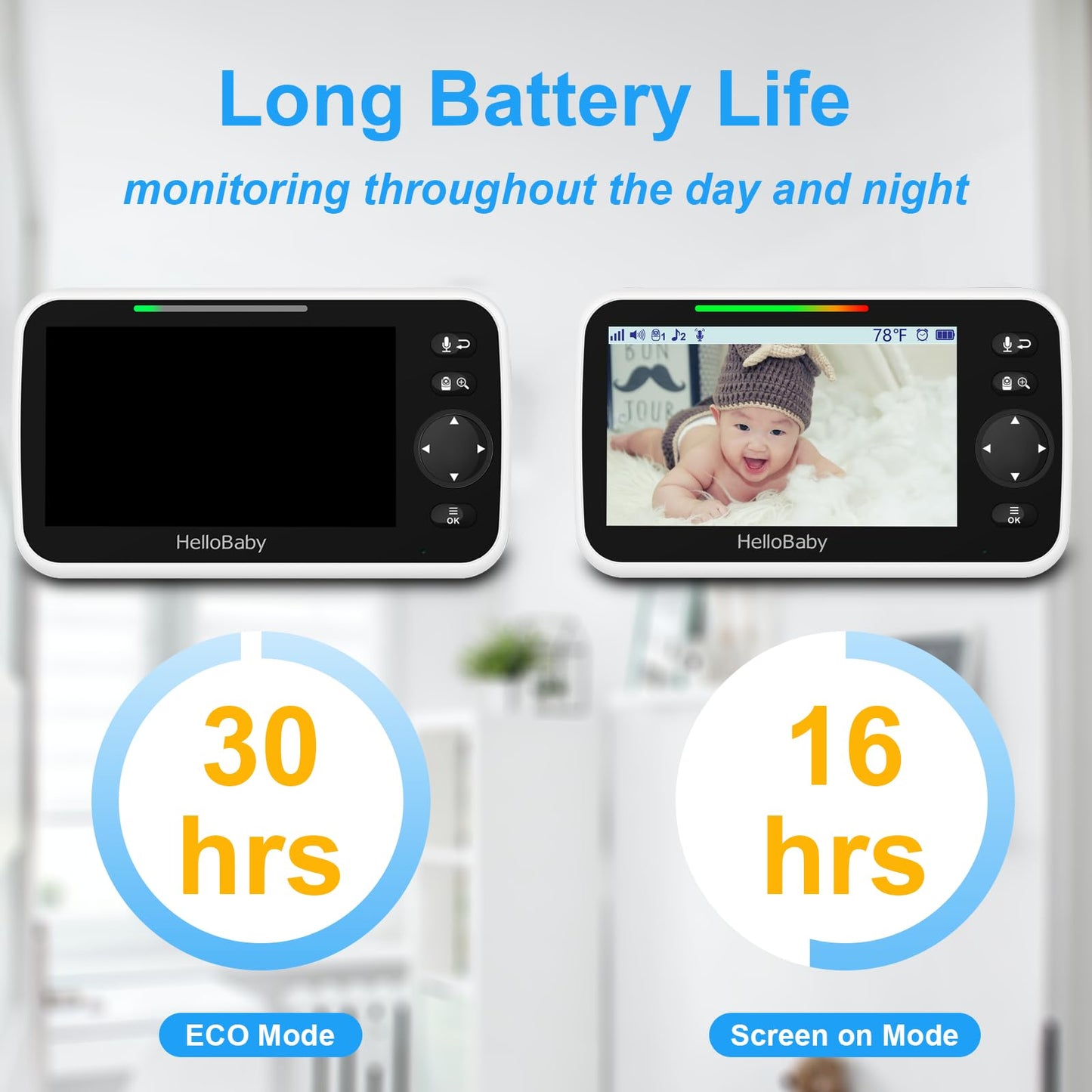 HelloBaby Upgrade 5’’ Baby Monitor with 30-Hour Battery, 2 Cameras Pan-Tilt-Zoom, 1000ft Range Video Audio Baby Monitor No WiFi, VOX, Night Vision, 2-Way Talk, 8 Lullabies and Temperature