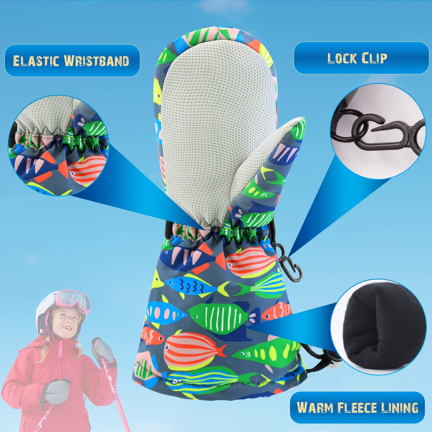 BAVST Winter Kids Waterproof Gloves for Boys Girls Snow Ski Toddler Baby Mittens Outdoor for Infant Teens 1-5T (Colorful fish, L(4-5T))