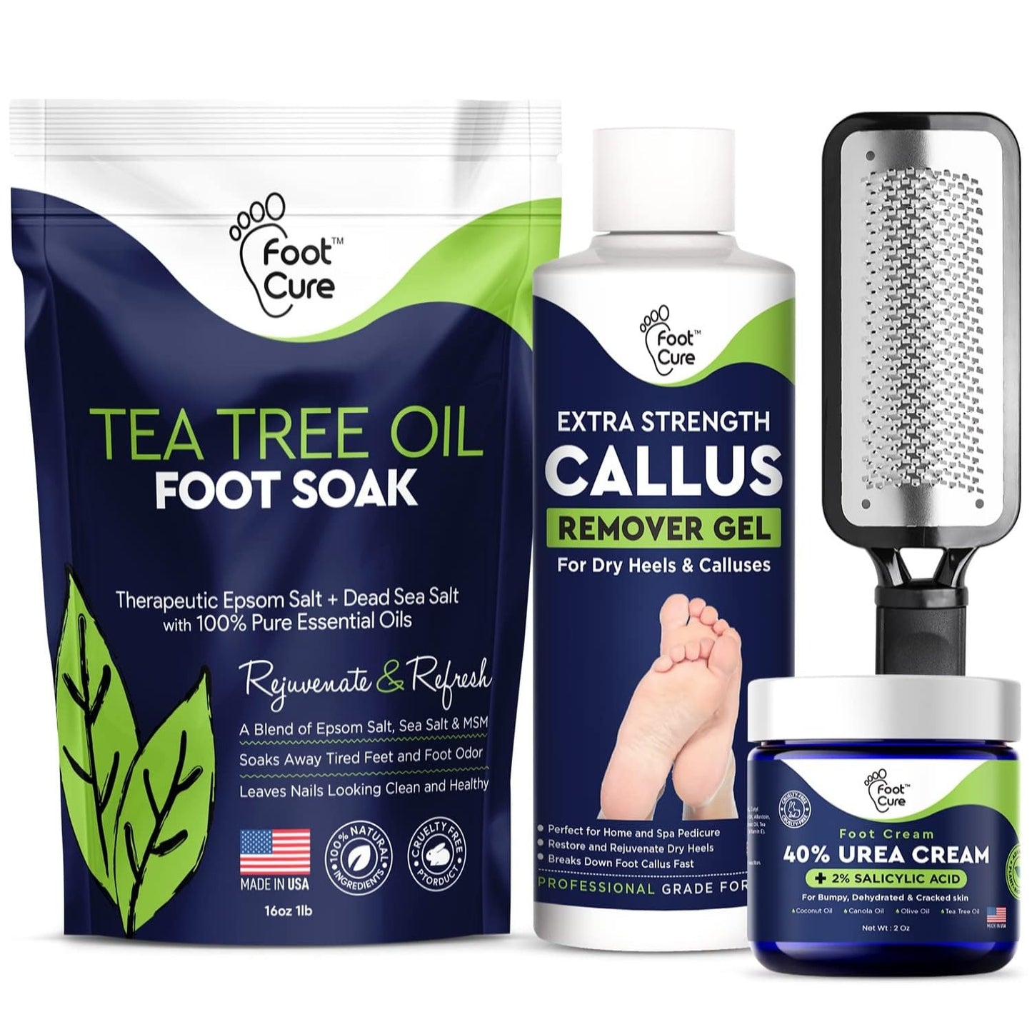 Foot Cure Foot Care/ Exfoliator & Callus Remover Pedicure Set – Includes Foot File for Dead Skin, Tea Tree Oil Foot Soak Salts, Urea Cream 40 Percent & Foot Callus Removal Gel – Made in USA