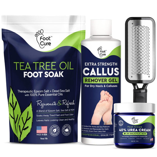 Foot Cure Foot Care/ Exfoliator & Callus Remover Pedicure Set – Includes Foot File for Dead Skin, Tea Tree Oil Foot Soak Salts, Urea Cream 40 Percent & Foot Callus Removal Gel – Made in USA