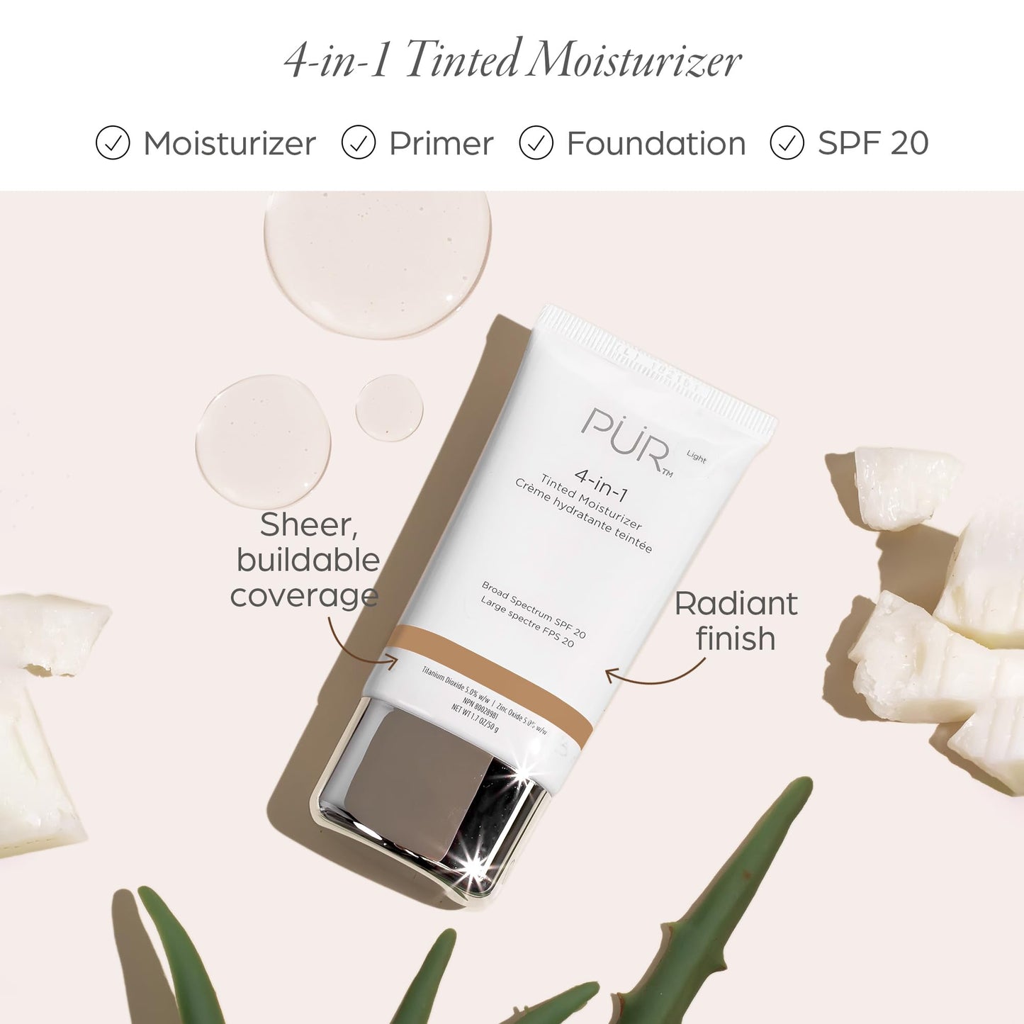 PUR Beauty 4-in-1 Tinted Moisturizer with SPF 20 - Hydrating Skin Tint Face Moisturizer, Primer & Foundation with Shea Butter, Aloe Vera & Vitamin B3 - Vegan Friendly, Paraben Free (Warm Nude)