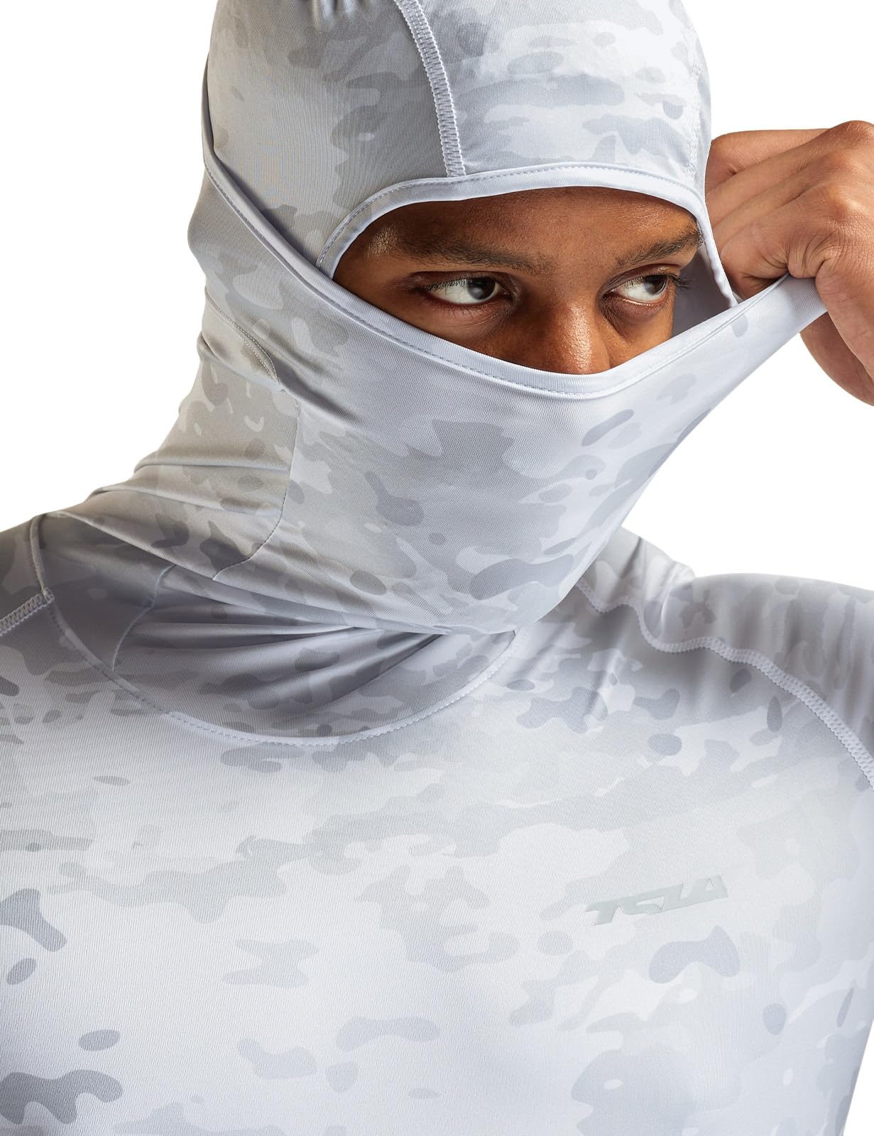 TSLA Men's Long Sleeve Workout Shirts Hoodie with Mask, UPF 50+ Cool Dry Fit Sports Compression Shirts, Hyper Control Print Winter Utility Camo, XX-Large