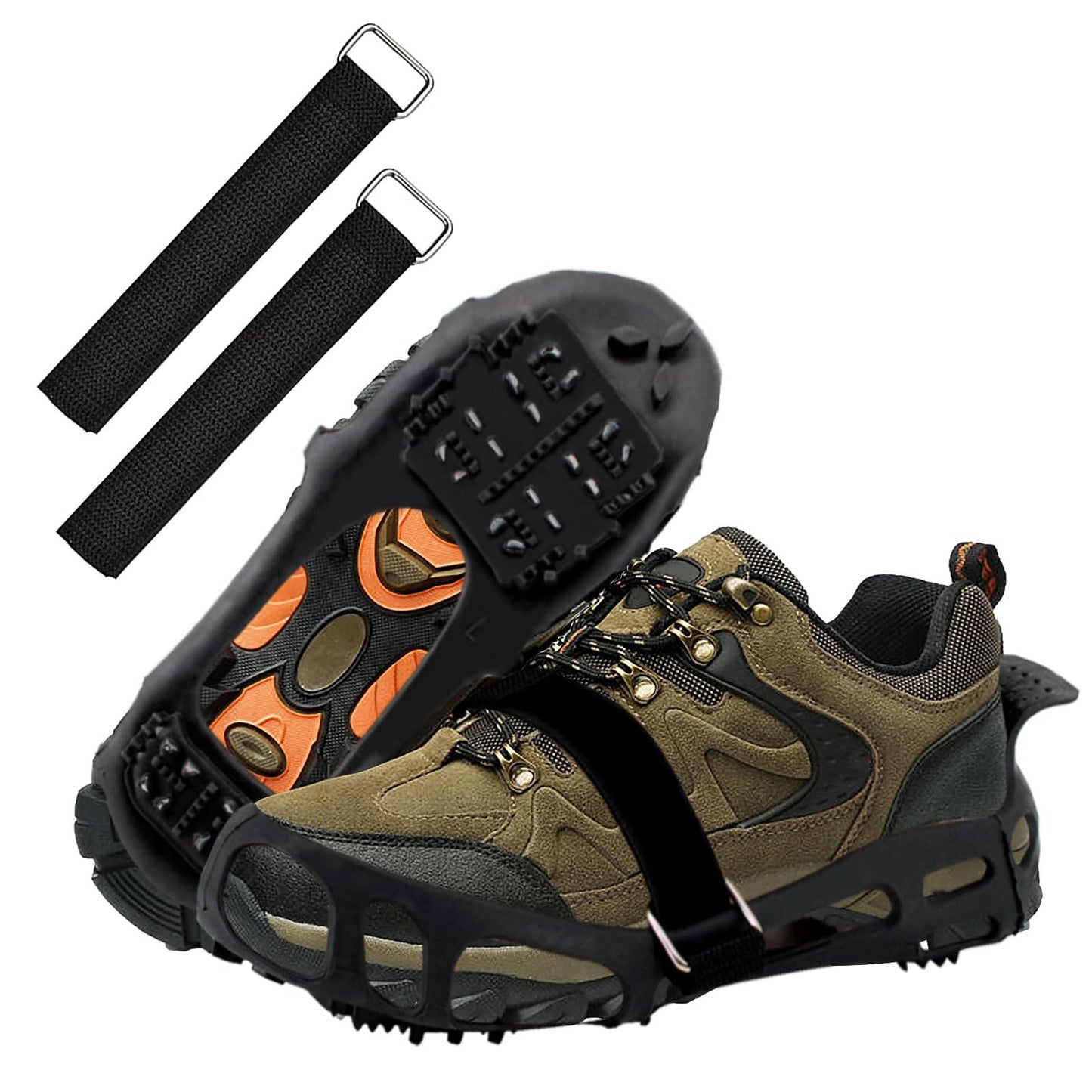 MOVOYEE Ice Cleats for Shoes and Boots Women Men, Crampons for Hiking Boots Climbing Fishing Running, Rubber Stainless Steel Studs Traction Anti Slip Grips Spikes for Shoes On Ice Snow Winter Walking