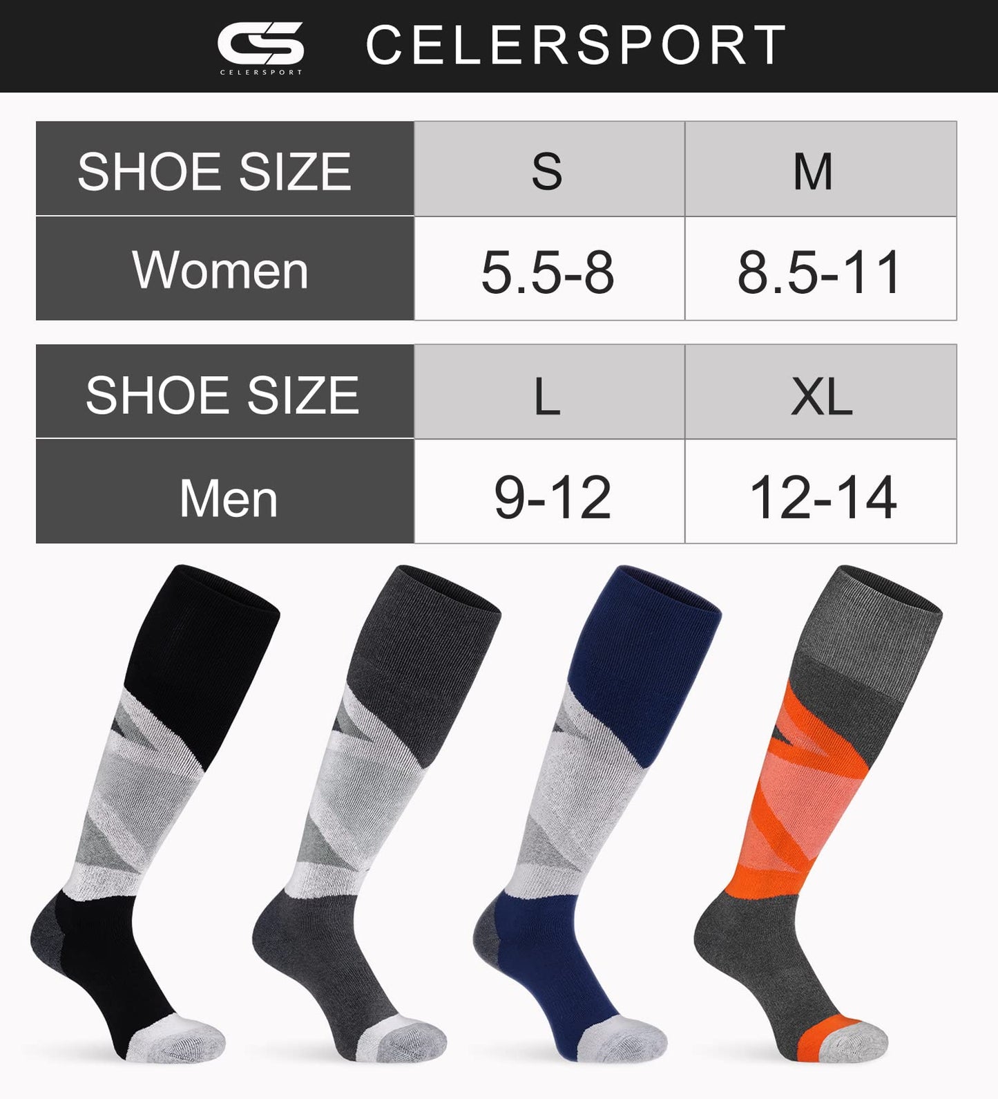 CS CELERSPORT 2 Pack Merino Wool Ski Socks with Full Cushion, Winter Warm Thermal Socks for Skiing Snowboarding, Navy Blue+Light Grey, Large