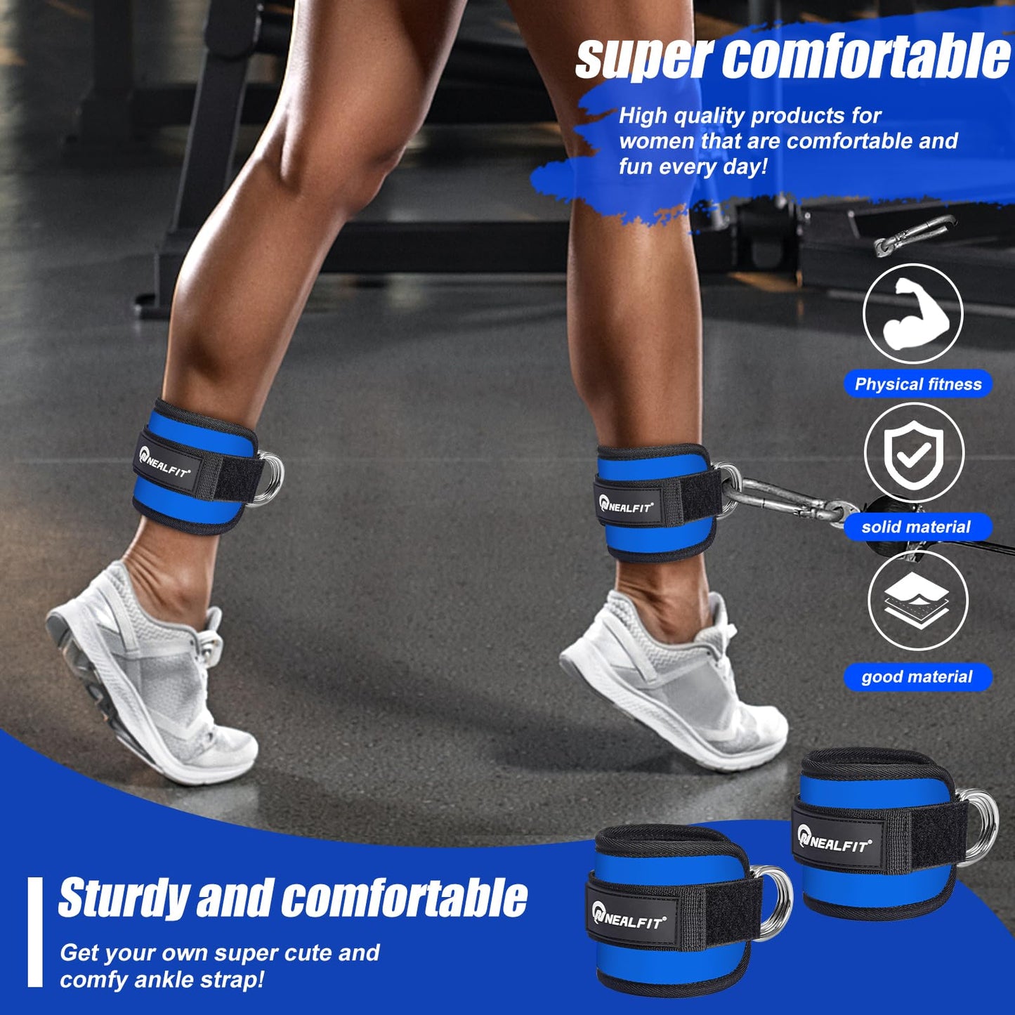 NEALFIT Ankle Strap for Cable Machine, Gym Ankle Cuff for Kickbacks, Leg Extensions, Glute Workouts, Booty Hip Abductors Exercise for Women and Men (Pair, Sapphire Blue)