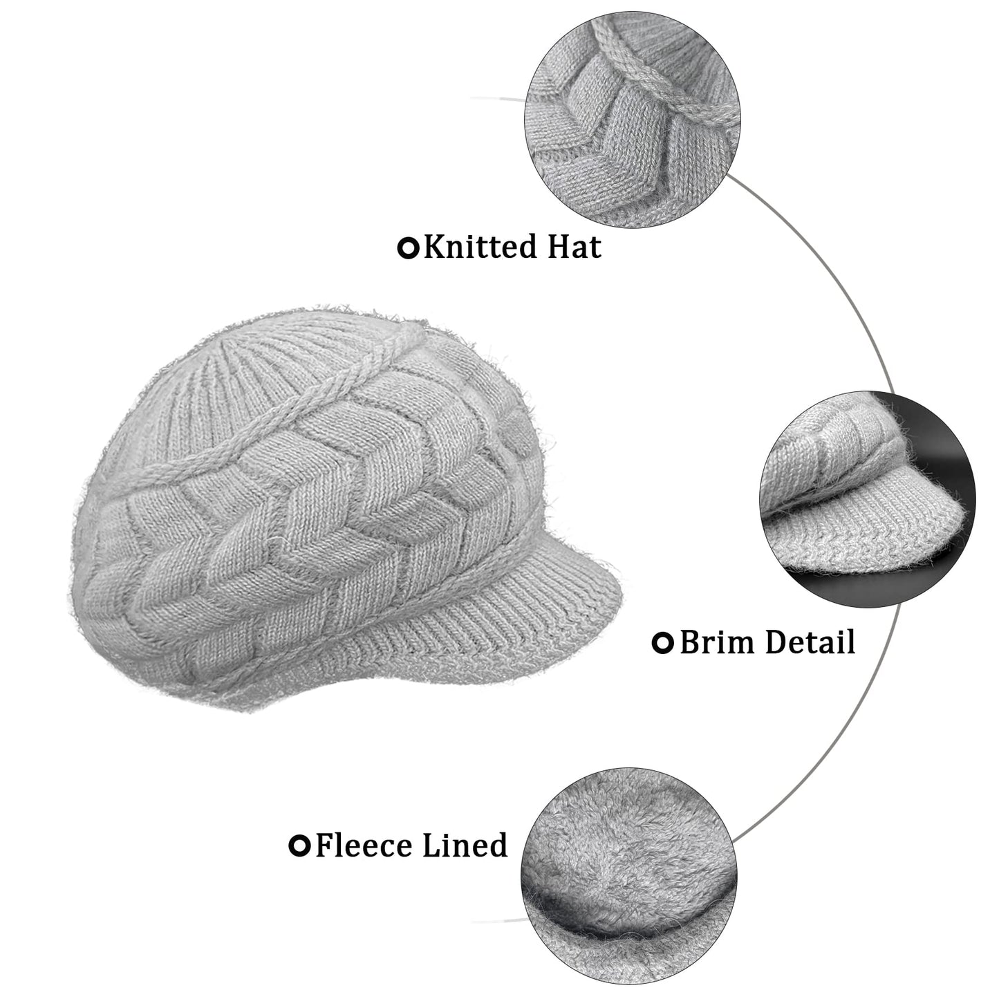 Womens Winter Hats, Wool Beanie for Women with Visor, Ladies Warm Knitted Hat for Fall & Cold Weather Knit Caps W-WS-H1 (US, Alpha, Medium, Set 2 - Black & Burgundy)