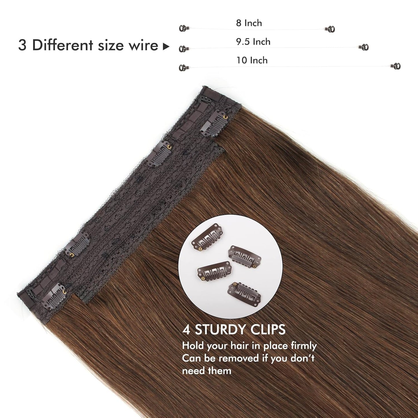 Sassina Invisible Wire Hair Extensions Real Human Hair with Transparent Wire Adjustable Size Secure Clips Natural Straight Secret Miracle Hairpiece, #4 Medium Brown 70 Gram 12 Inch