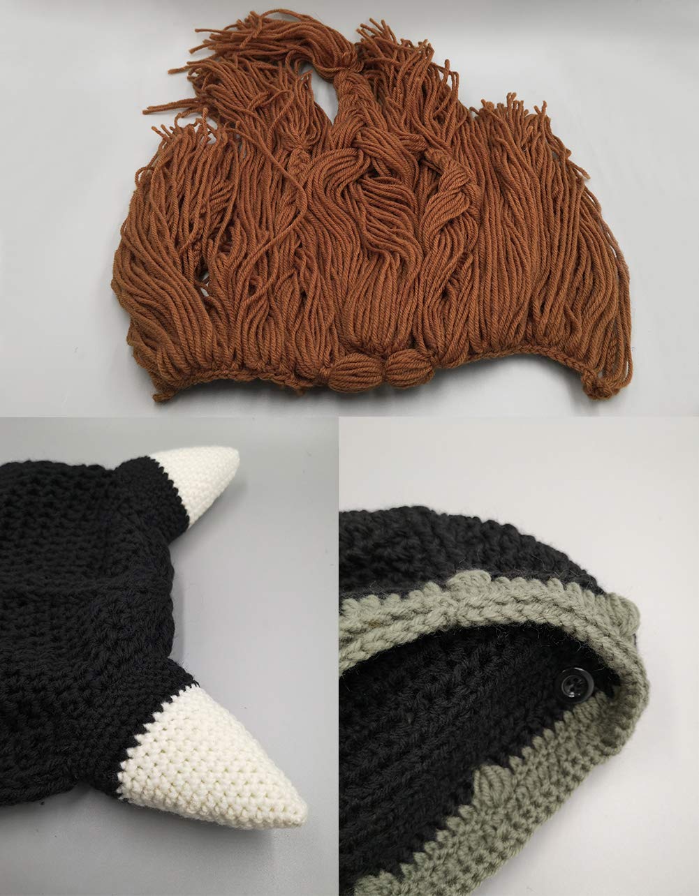 MERRYJULY Men's Head Barbarian Vagabond Beanie Original Foldaway Beard Hats Halloween Viking Horns Bearded Caps (Viking Horns&Brown Beard)