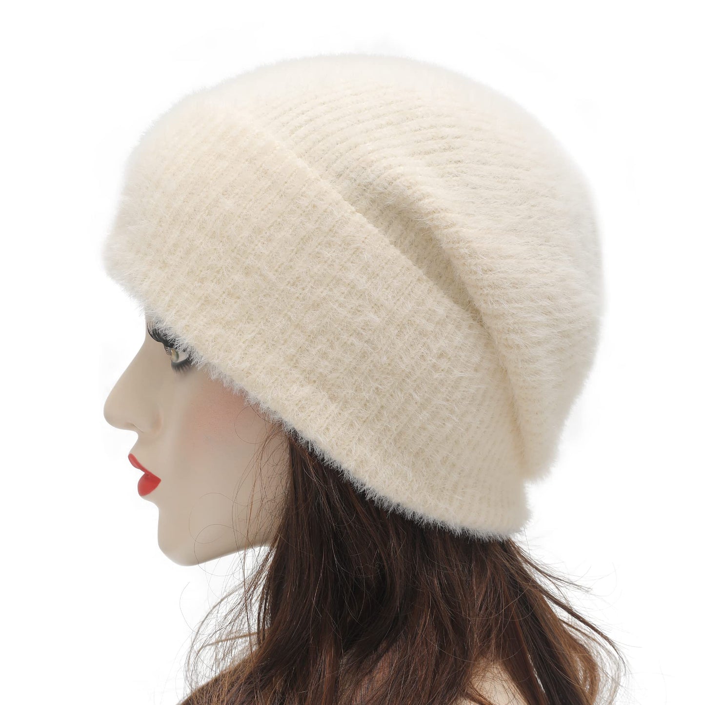 ZLYC Winter Slouchy Beanie Hat Warm Ribbed Knit Stretch Skull Cap for Women Men (Plain White)