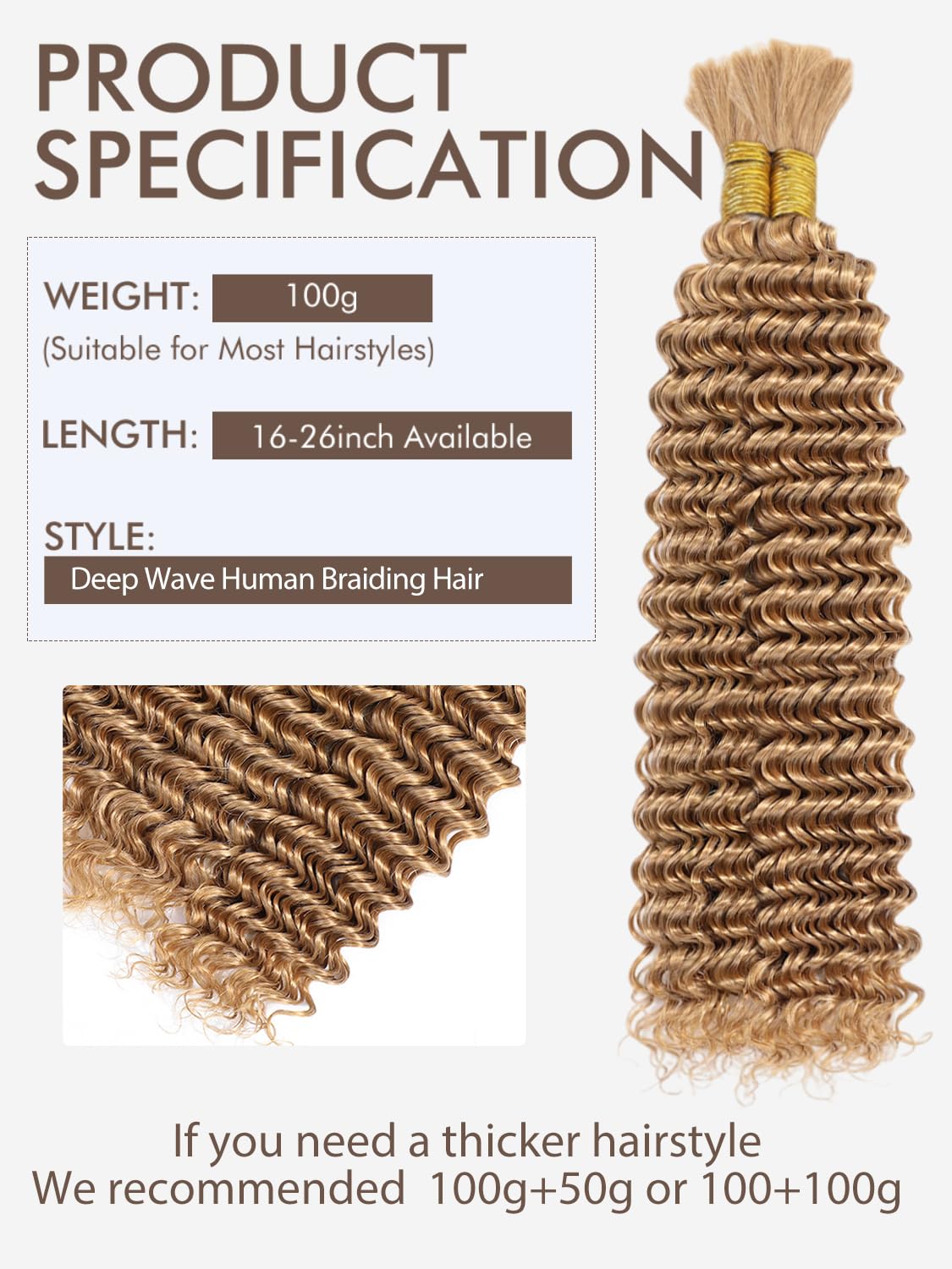 Blonde Human Braiding Hair 20 Inch Deep Water Wave 2 Bundle Bulk Brazilian Virgin Curly for Boho Braids Wet and Wavy Color 27 Honey Blonde 100g