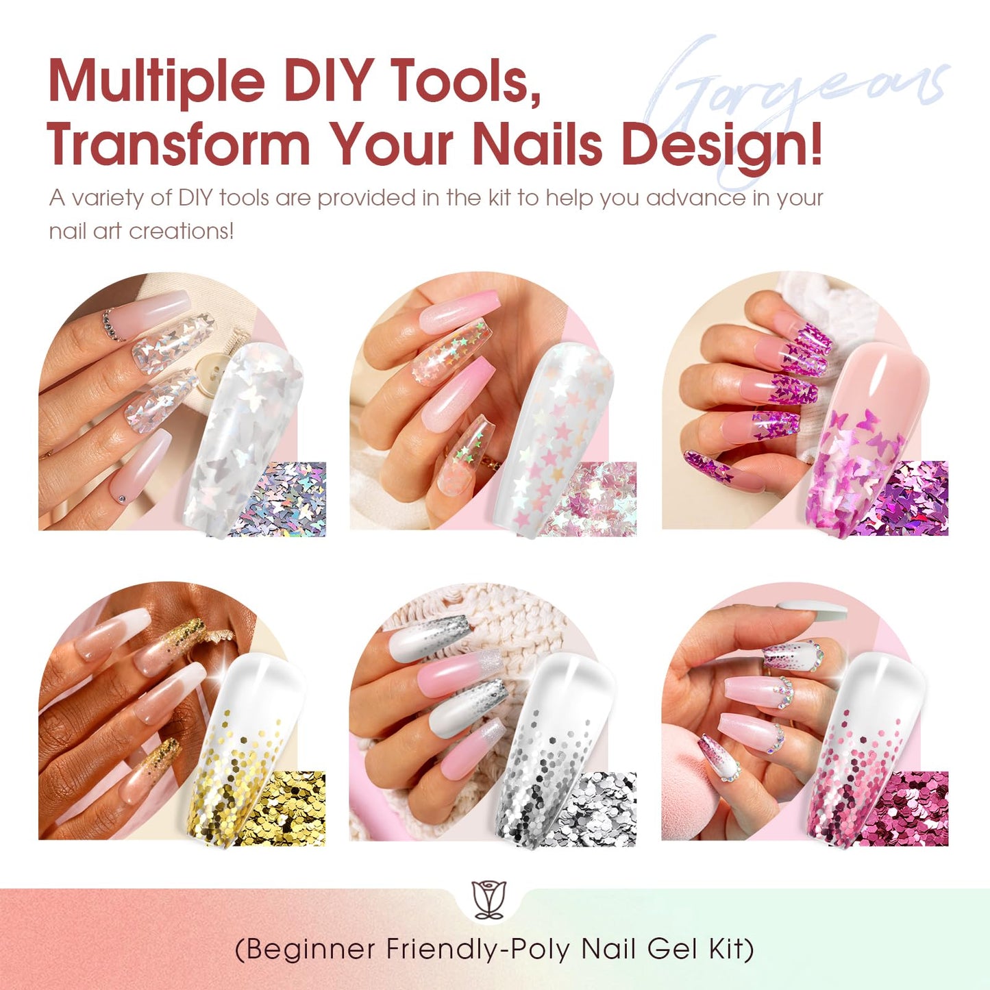 ROSALIND 20PCS White Clear Poly Nails Gel Kit Starter Builder Kit with Slip Solution Pro Nude Pink Nail Extensions Gel Set with Mini UV Lamp Drill Nail Art