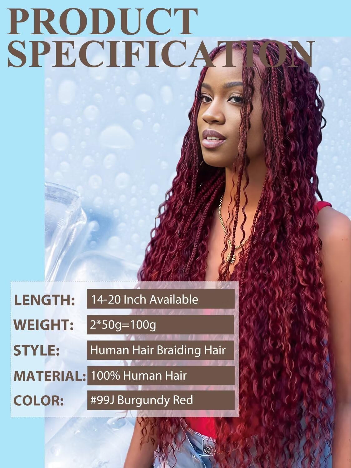 Burgundy Braiding Hair 100g 14 Inch Deep Water Wave 2 Bundle Bulk Human Hair for Braiding 12A Brazilian Virgin Auburn Curly Human Hair Extensions for Boho Braids Wet and Wavy 99J Red Braiding Hair