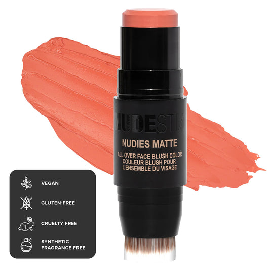Nudestix Nudies Matte Cream Blush Stick 3-in-1 All Over Face Color - Blush Stick for Cheeks Eyes and Lips - Cream Blush for Cheeks w/Blending Brush (Salty Siren)