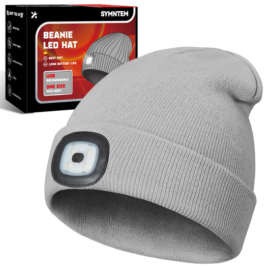 SYMNTEM Unisex Beanie Hat with Light, Christmas Day Gifts for Men, Rechargeable Headlight Cap Winter, Stocking Stuffers for Men, Adults, Teens, Dad, Father, Husband, Cool Gadget Gifts for Women, Grey