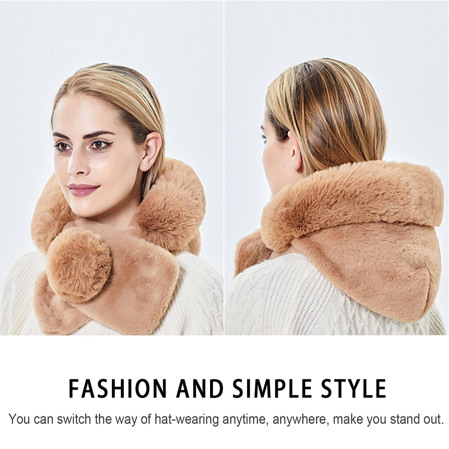 Women's Winter One-Piece Hat Scarf Warm Beanie Faux Fur Hooded Scarf Hat Skull Cap with Pompom