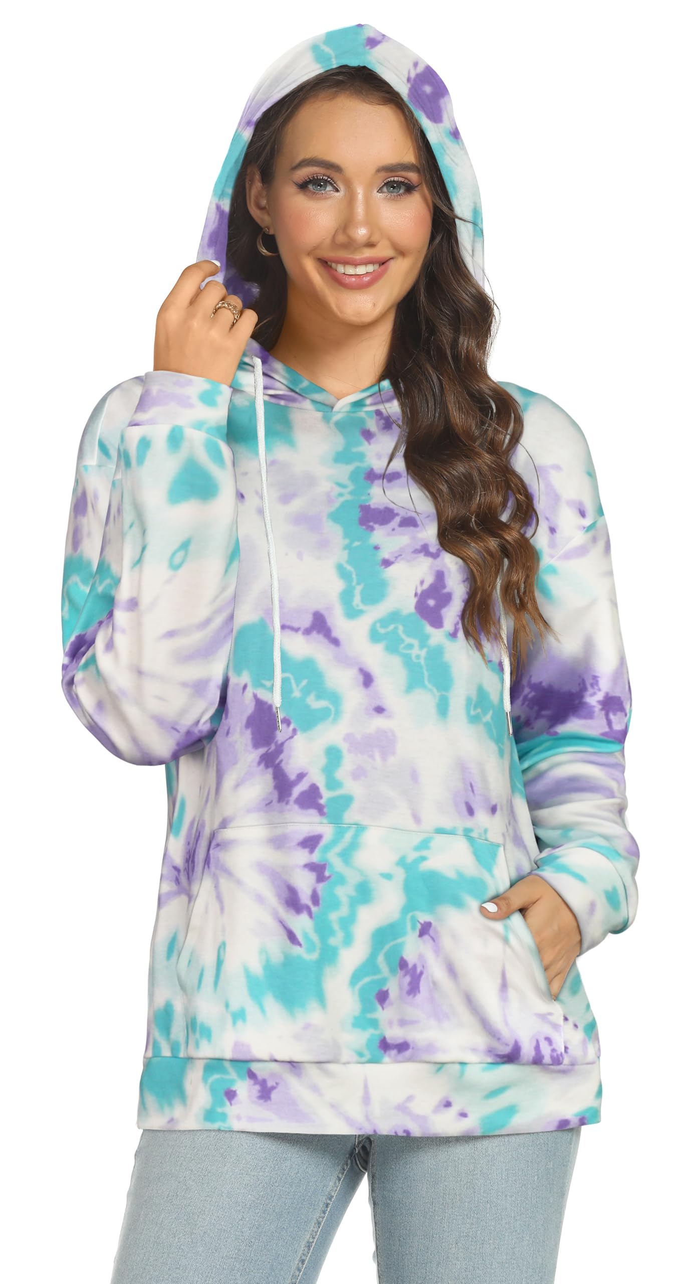 rosemia Hoodies for Women Drawstring Pullover Sweatshirts Casual Long Sleeve Tops with Pocket (Purple Blue Tie Dye,2XL)