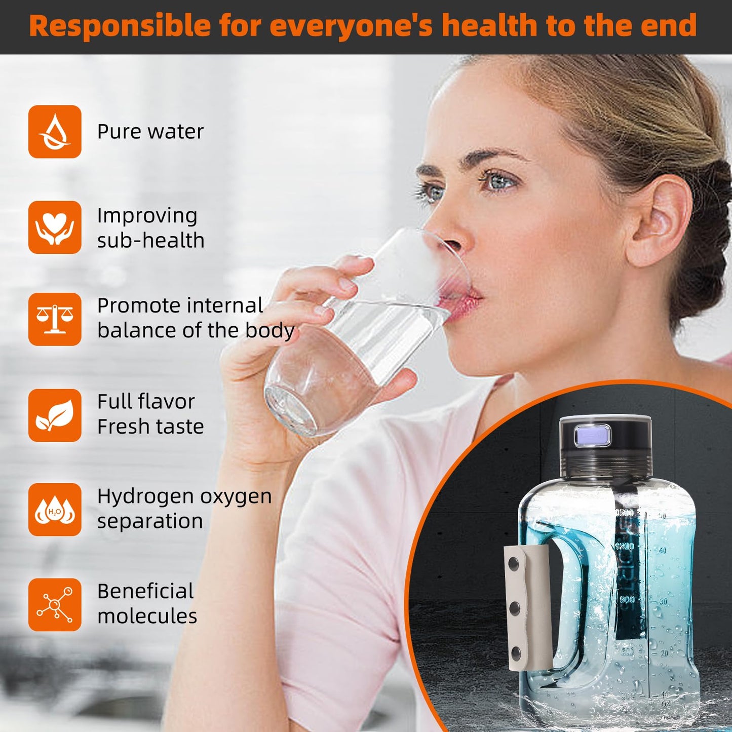 Hydrogen Water Bottle, 50oz/1.5L Large-Capacity Hydrogen Water Generator with SPE/PEM Technology, Rechargeable Hydrogen Water Ionizer, 6 Min Electrolysis for Sports Fitness Exercise Gift