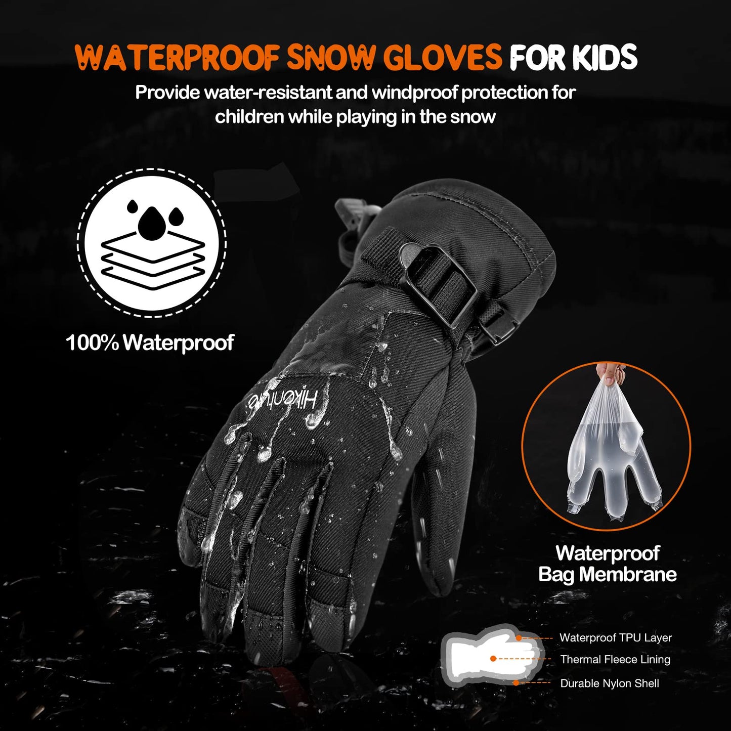 Hikenture Waterproof Kids Snow Gloves,3M Thinsulate Winter Gloves for Boys &Girls,Insulated Ski Gloves for Youth,Childrens,Age 7-9(Black M)