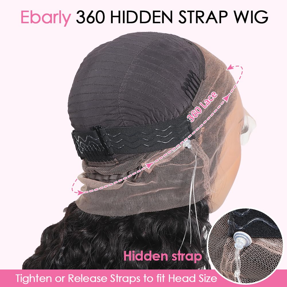 Ebarly Hidden Strap Water Wave 360 Glueless Wigs Human Hair Pre Plucked Pre Bleached Human Hair Wig With Drawstring 180 Density Wet and Wavy HD Full Lace Front Wigs Human Hair 26 inch