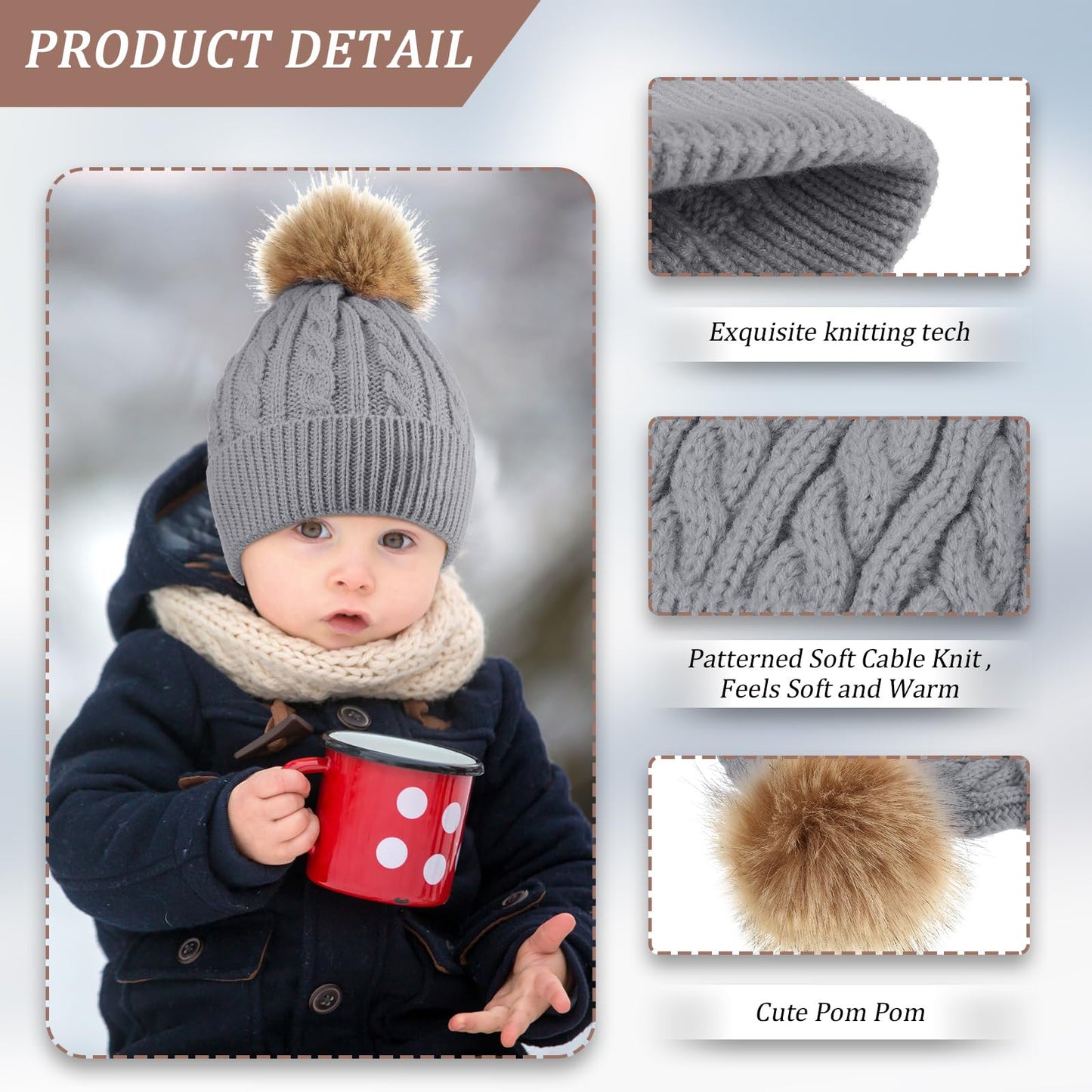 Kids Knitted Woolen Hat 3 Pieces Winter Warm Pom Pom Beanie Cap Knit Hat with Detachable Pom for 1-3 Years Old Girls Boys (Khaki, White, Gray)