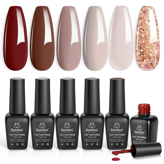 Beetles 6 Colors, Fall Colors Nude Pink Burgundy Glitter Brown Gel Polish Set Soak off UV Light for Easy DIY Nail Art Salon Home Design Gifts for Women