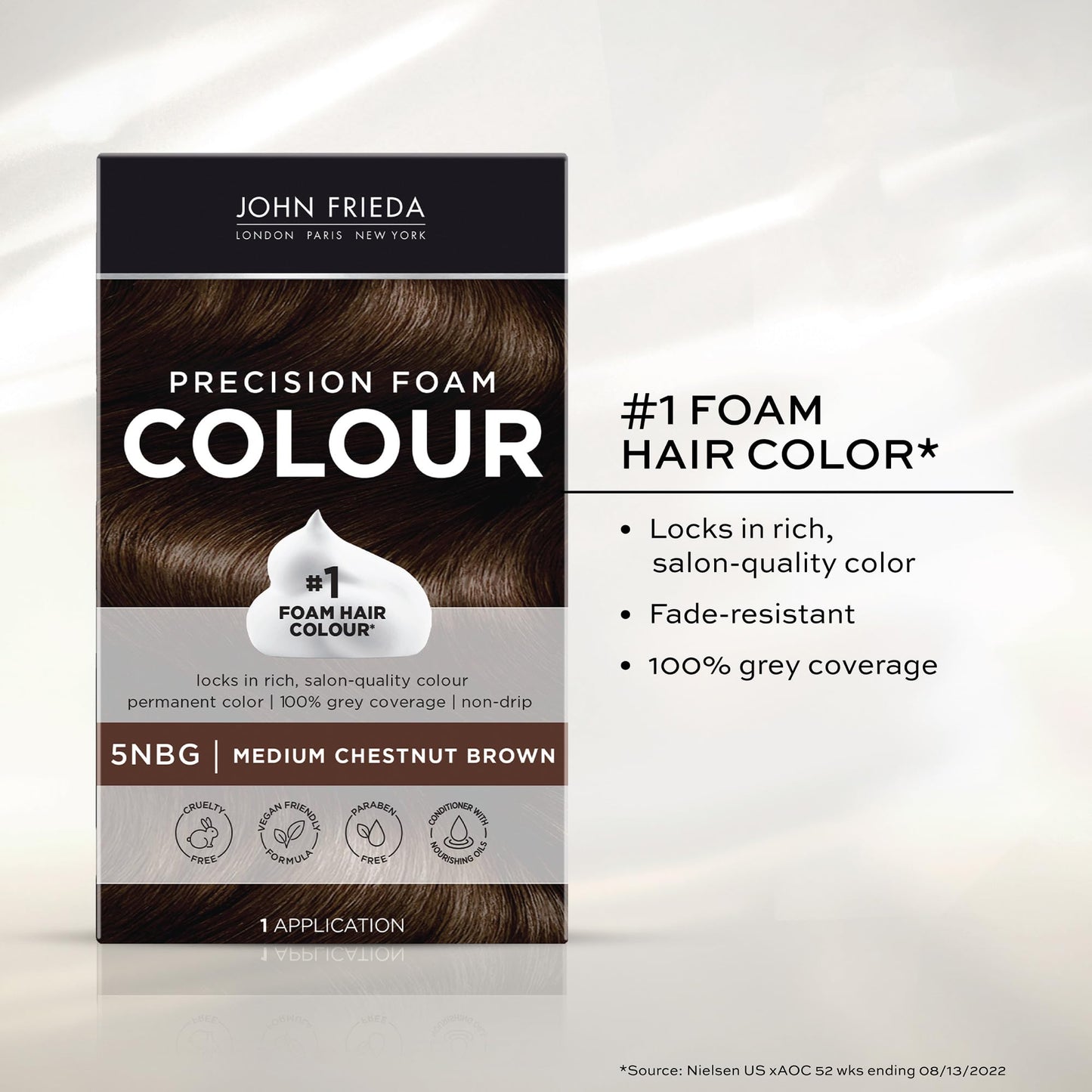 John Frieda Precision Foam Colour, Medium Chestnut Brown 5NBG, Full-coverage Hair Color Kit, Anti-Fade Gray Coverage, Deep Color Saturation Hair Dye, 1 Application