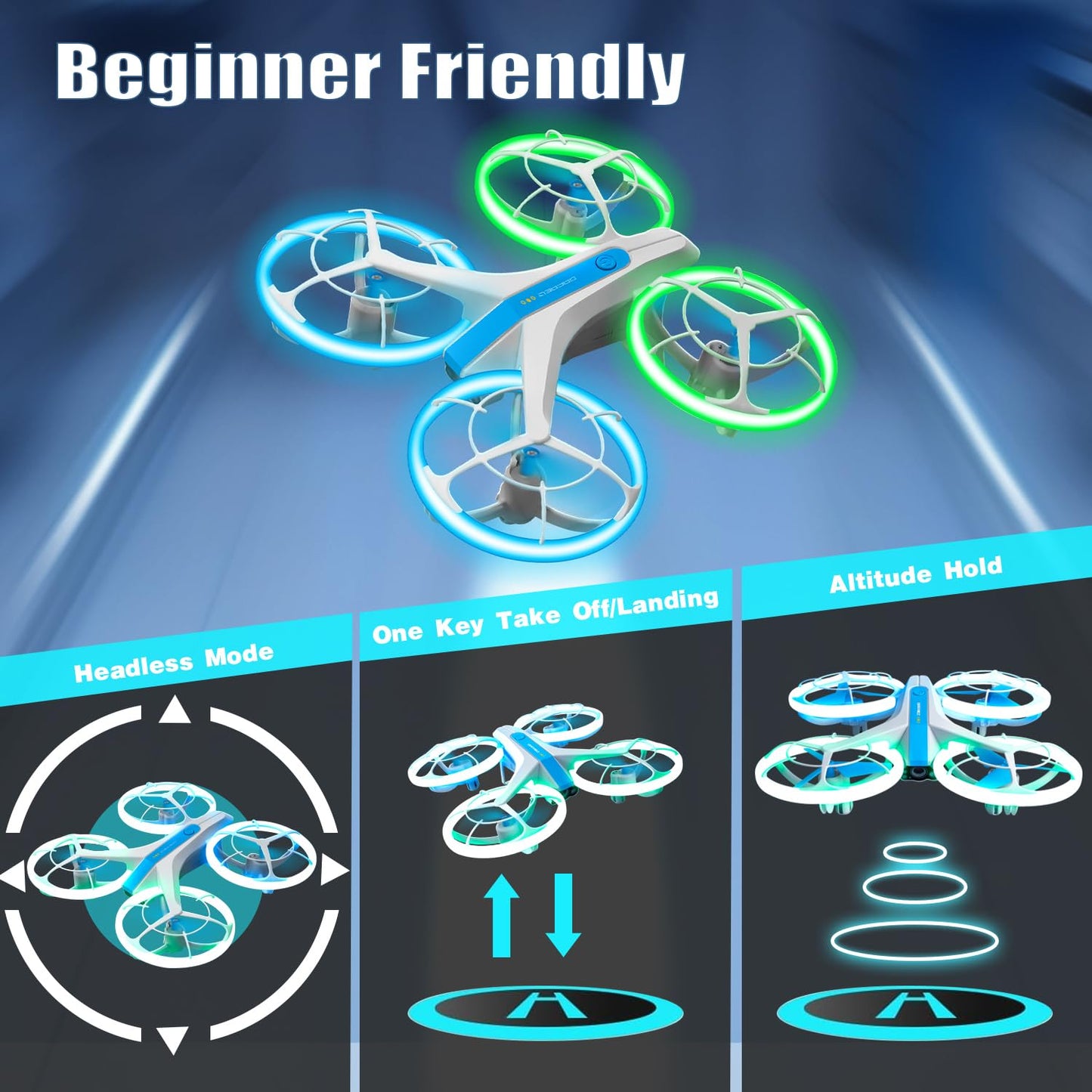 4DRC Drone for Kids and Beginners,Easy Remote Control Drone with Propeller Full Protect,Altitude Hold and Headless Mode,Blue&Green Light,2 Batteries,Toy Gift for Boys and Girls,