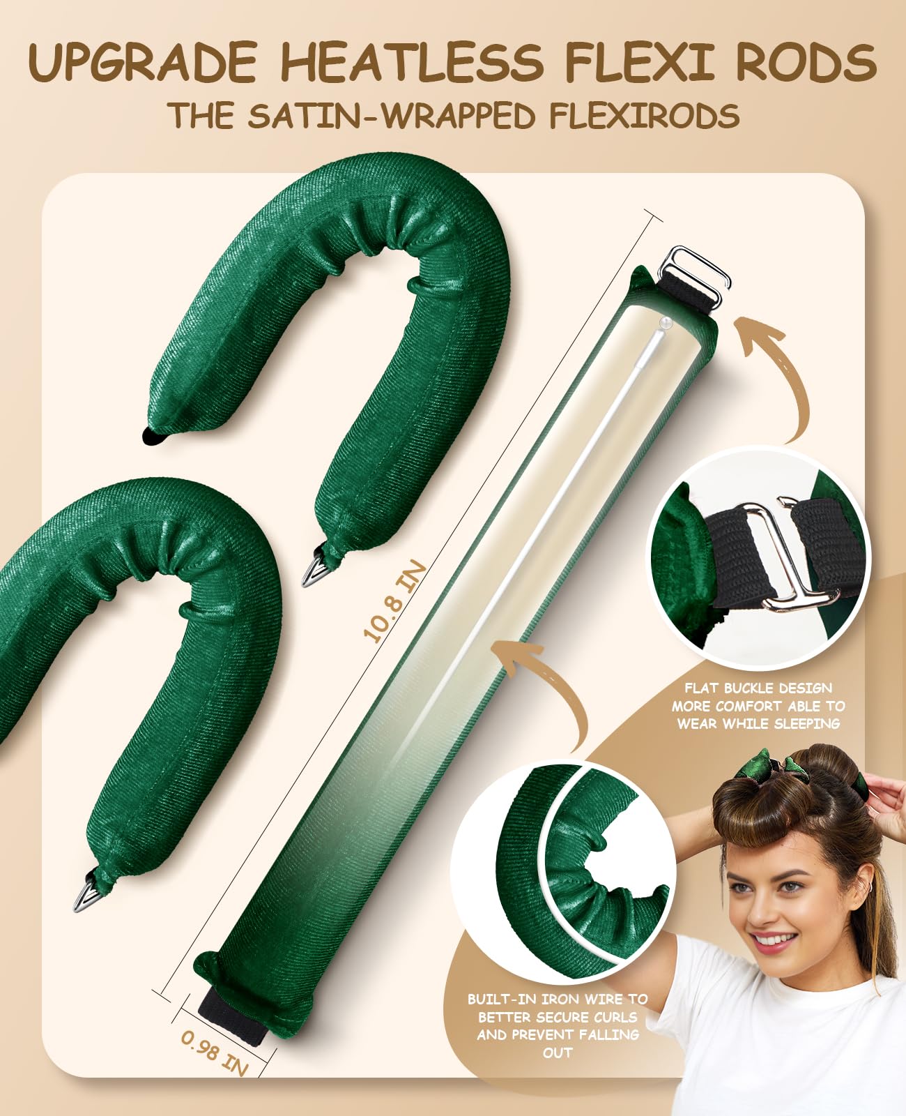 Overnight Heatless Hair Curler to Sleep in, Jumbo Heatless Curls Satin Velvet Overnight Flexi Blowout Rods No Heat Overnight Sleeping Curling for Hair Styling Tools -3pcs Green