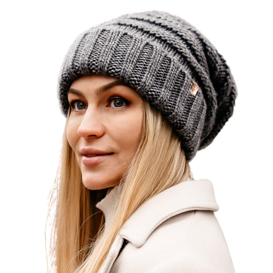 TOP-EX M/L/XL 100% Merino Wool Ladies Slouchy Beanie for Women Winter Hat Fleece Lining Warm Knit Hats Cold Weather Skull Hat Soft Stretch Ski Cap Dark Grey