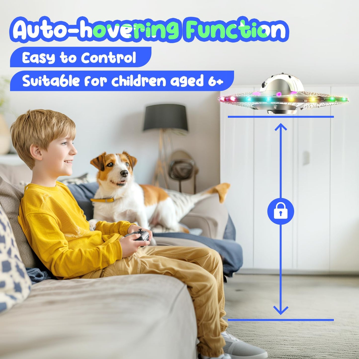 Foam UFO Drone for Kids–RC Plane with Colorful LED Lights, Remote Control Helicopter with Auto Hover, 2 Batteries (15 Mins Flight)