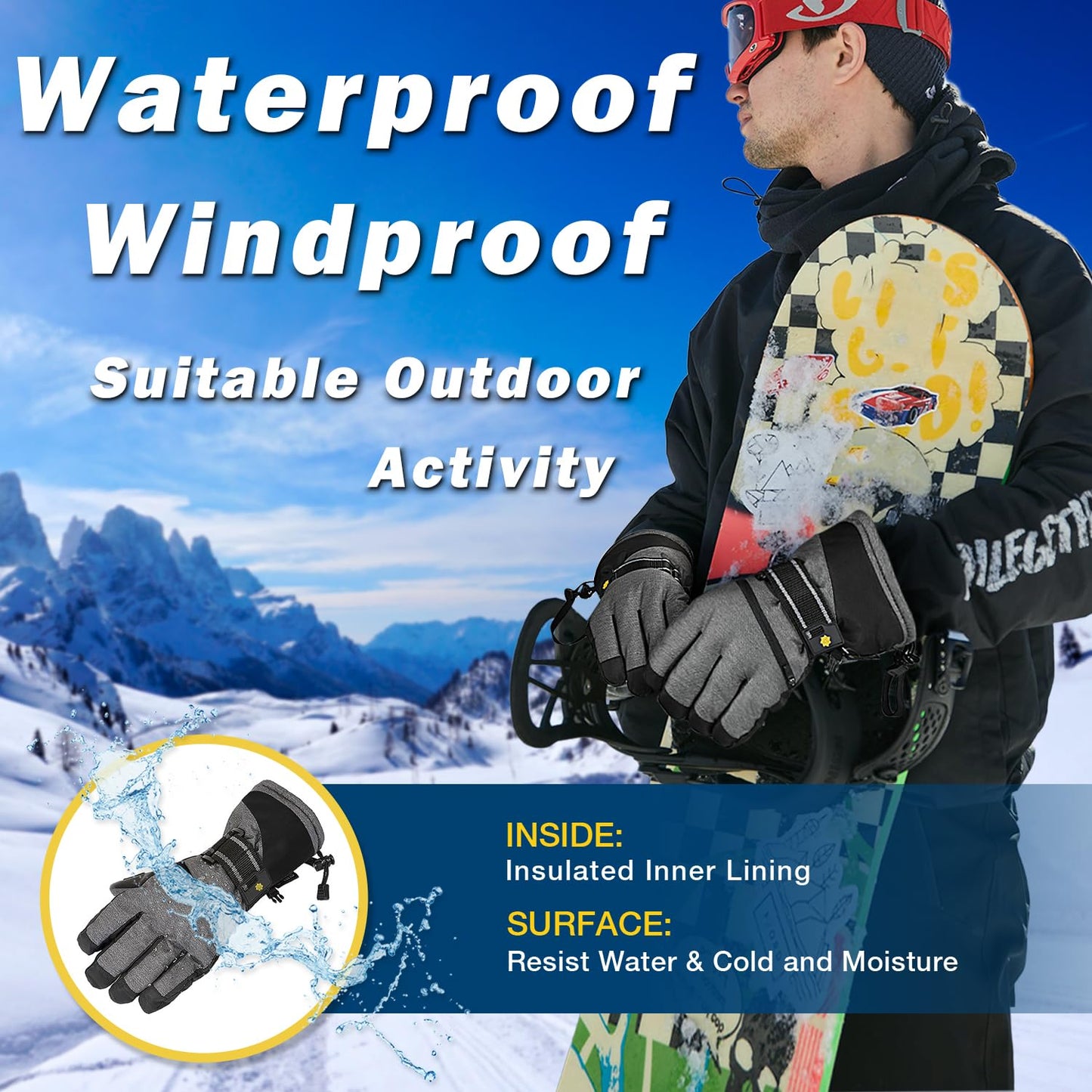 Solaris Waterproof Warm Ski Gloves, 3M Winter Cozy Thinsulated Snow Gloves for Skiing, Snowboarding, Shoveling, Cycling, Outdoor Sports, Great for Ski Lover