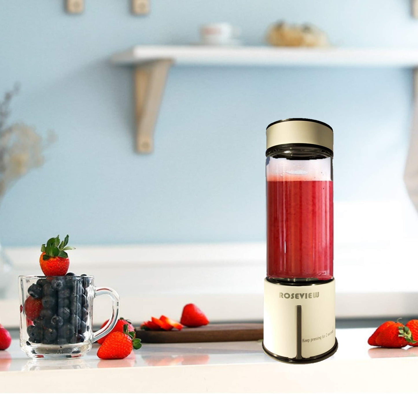 Portable Smoothie blender ROSEVIEW Glass bottle USB rechargeable mini Handheld Ice Shakes Cup 2 blend juicer Cordless Personal smoothies maker Fruit mixer