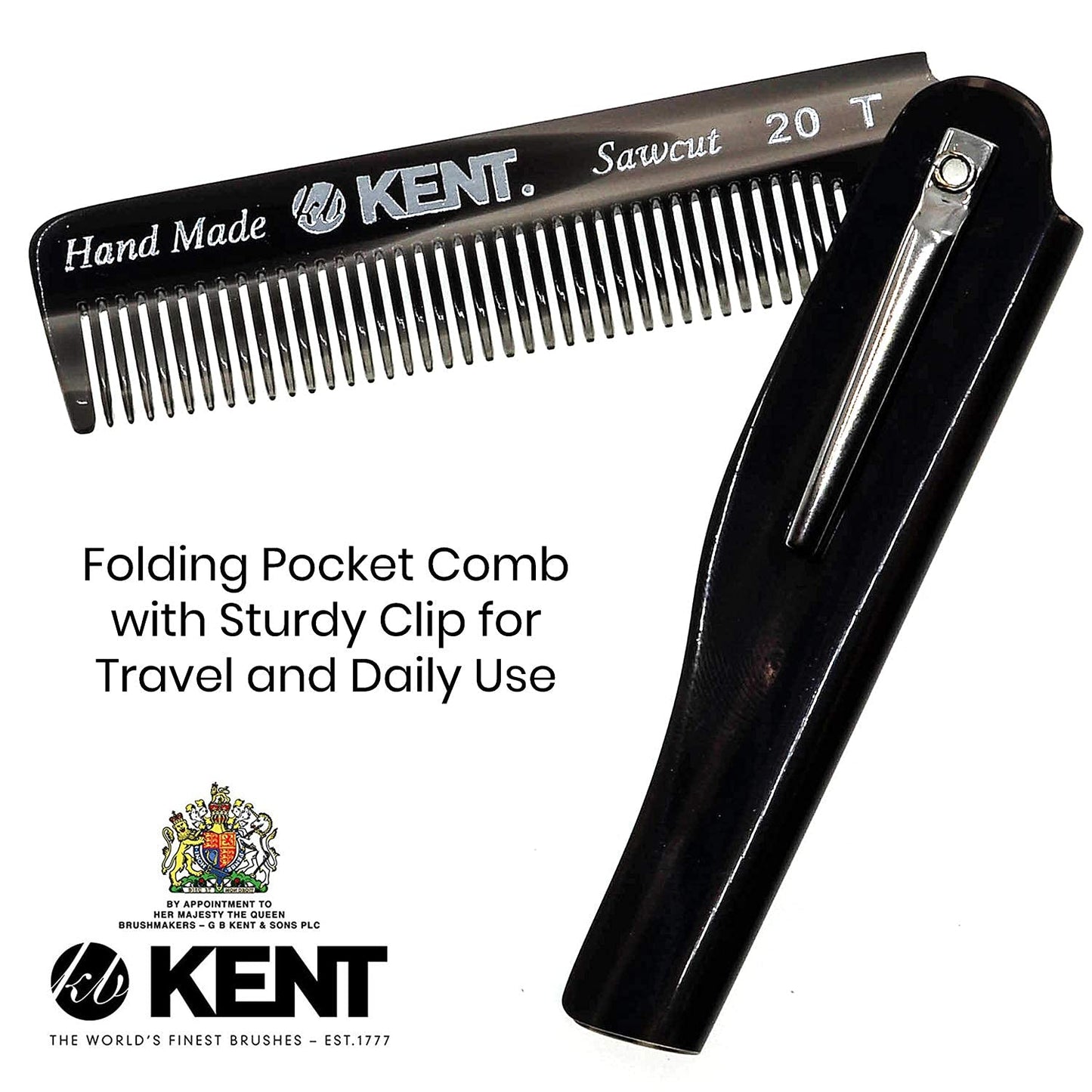 Kent 20T Handmade Folding Pocket Comb for Men, Fine Tooth Hair Comb Straightener for Everyday Grooming Styling Hair, Beard or Mustache, Use Dry or with Balms, Saw Cut Hand Polished, Made in England
