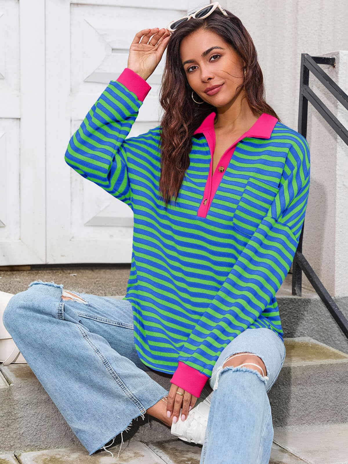 Tankaneo Womens Oversized Striped Sweatshirts Long Sleeve Color Block Casual Tunic Tops with Pockets Green Blue