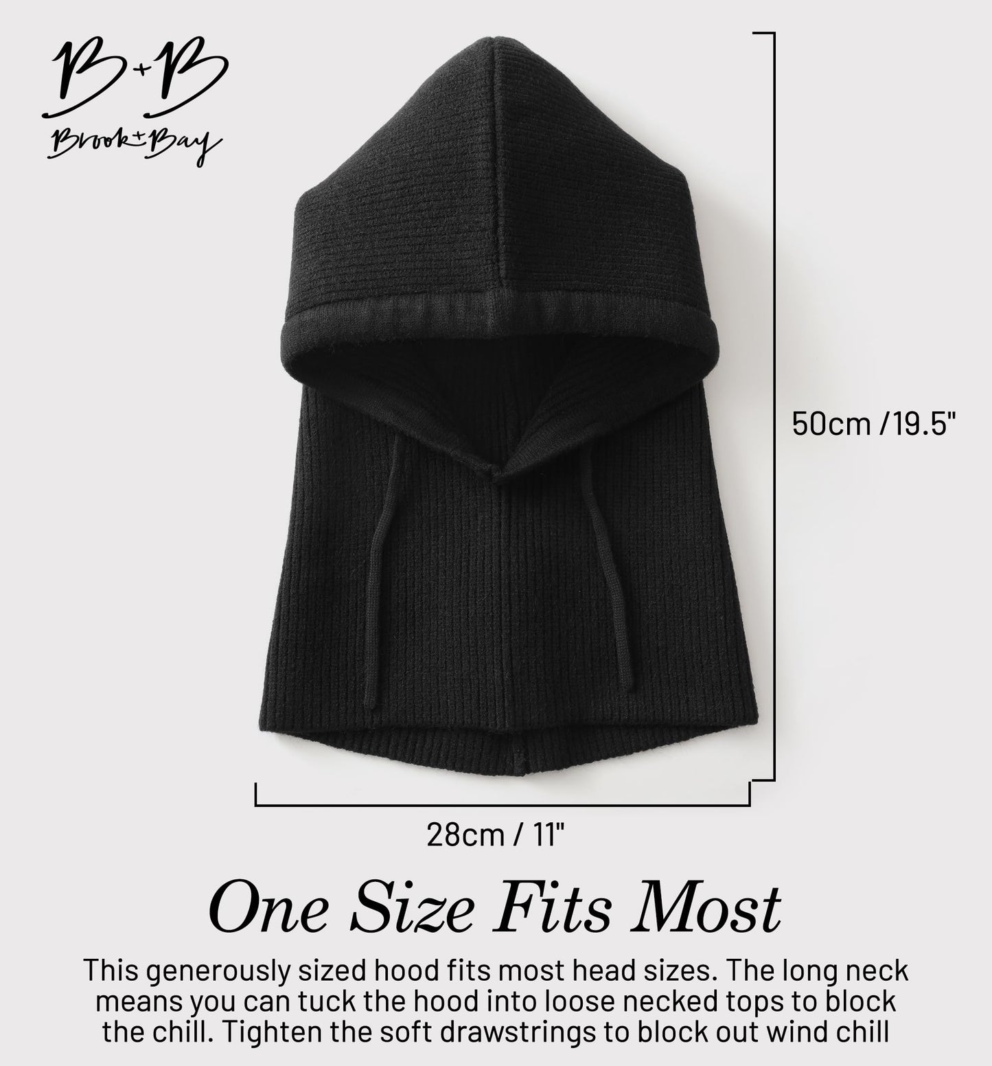 Brook + Bay Knitted Hooded Scarf w/Drawstrings - Knit Balaclava Hood Scarf for Women Winter - Stylish Hooded Hat, Neck Warmer Black
