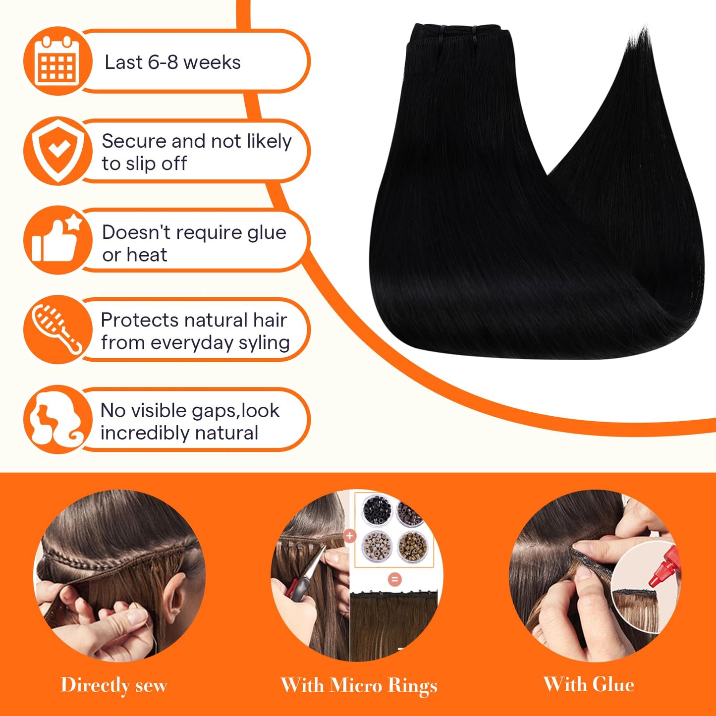 Full Shine Sew In Hair Extensions Real Human Hair Black Weft Hair Extensions Human Hair Sew In Extensions Double Weft Color Jet Black Hair Extensions Human Hair Extensions Sew In Bundles 22Inch 105G