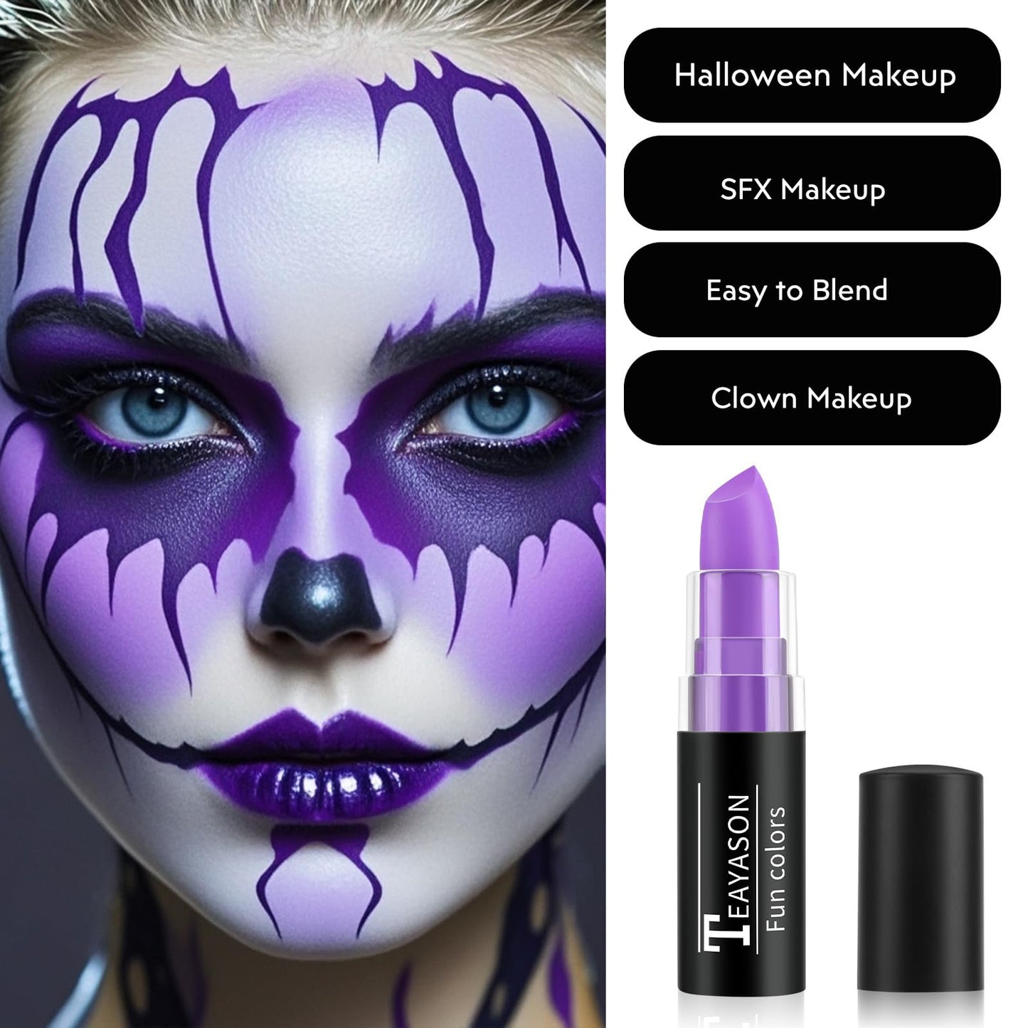 FIVEFULU Light Purple Face Body Paint Stick, Matte Light Purple Lipstick Eye Black Stick Face-Paint, Long Lasting Waterproof Purple Face Makeup for Halloween Ursula Witch Cheshire Cat Cosplay Makeup