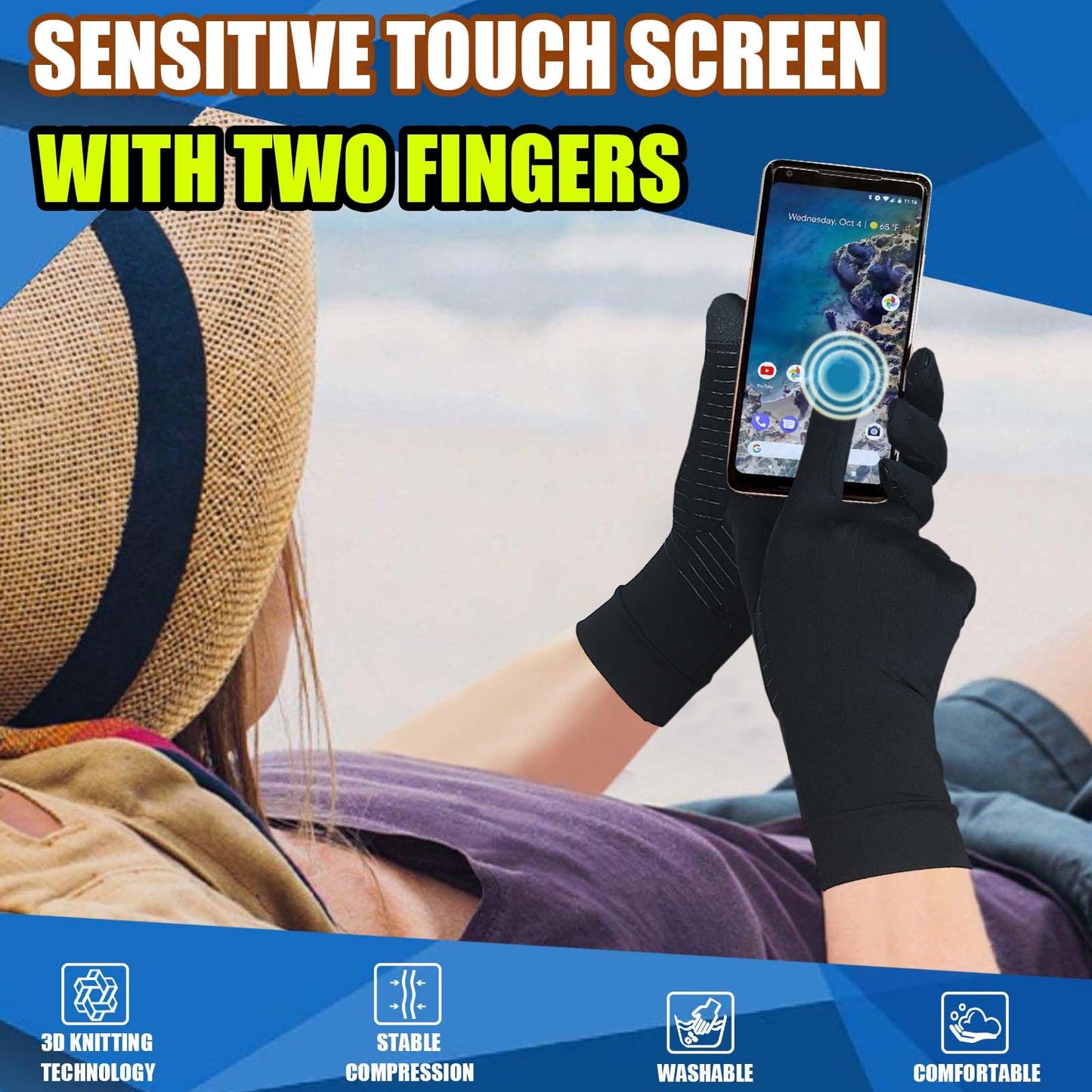 2 Pairs Full Finger Compression Gloves for Women Men, Copper Arthritis Gloves for Rheumatoid,Osteoarthritis,Carpal Tunnel,Tendonitis, Joint Swelling,Hand Pain Relief With Touchscreen Tips (Medium)