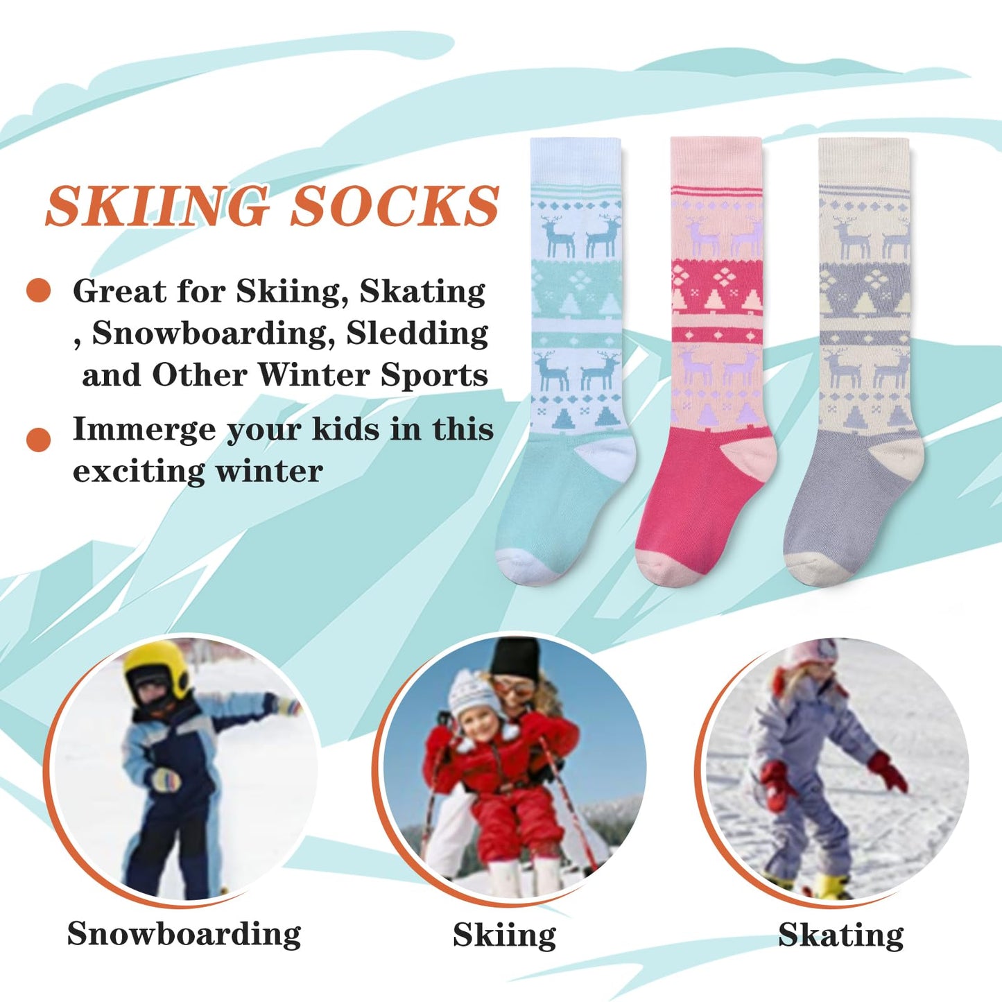 Qterdiz Ski Socks Kids Girls Winter Warm Snowboarding Socks for Boys Girls Thick Thermal Skating Socks 3 Pack Christmas Deers 8-10 Years