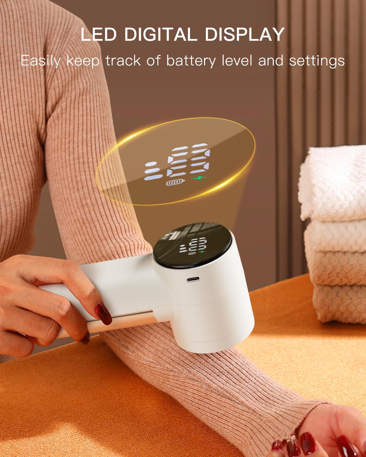 Rechargeable Fabric Shaver antime Electric Lint Remover Lint Shaver with Digital Display, Sweater Shaver with 6-Leaf Blades, 3 Speeds Defuzzer for Removing Fuzz from Clothes, Furniture, Blanket