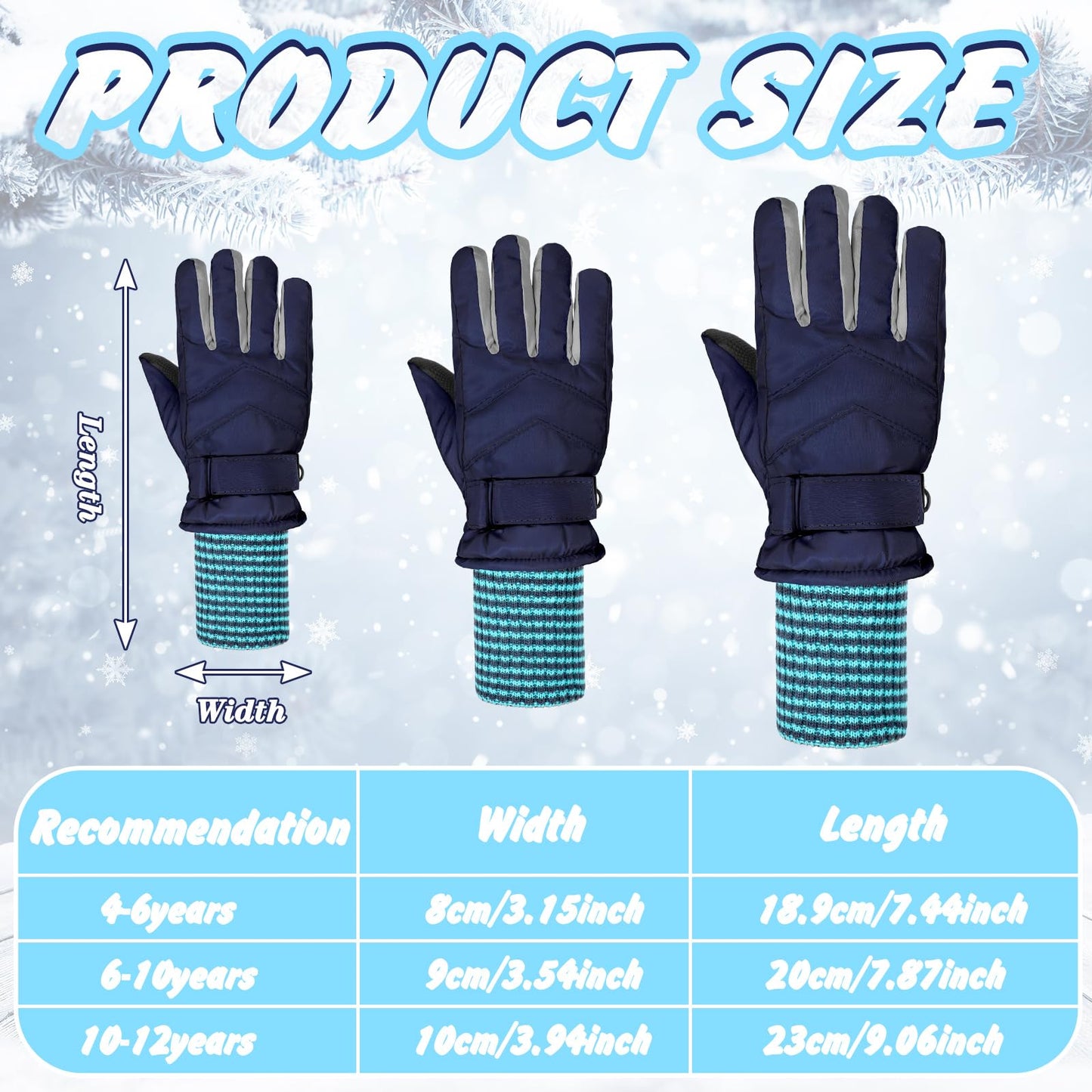 Newcotte 3 Pairs Kids Waterproof Winter Gloves Long Cuff Ski Snow Gloves Children Warm Mittens Gloves for Boy Girl Outdoor(Aged 6-10,Warm Style)