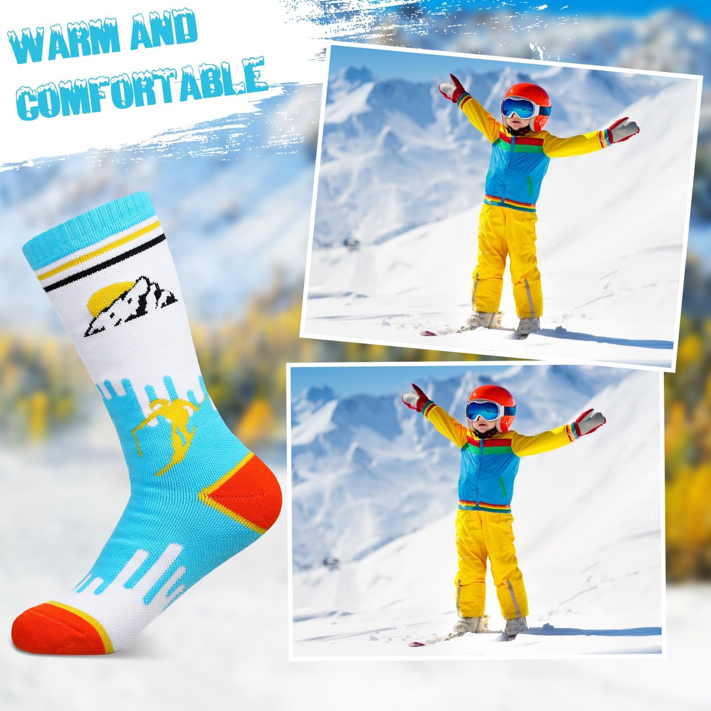 6 Pairs Kids Ski Socks Long Knee Length Snow Socks, Warm Winter Thermal Snowboard Socks for 7 to 12 Years Old Children Girls Boys Cold Weather Indoor Outdoor Activities