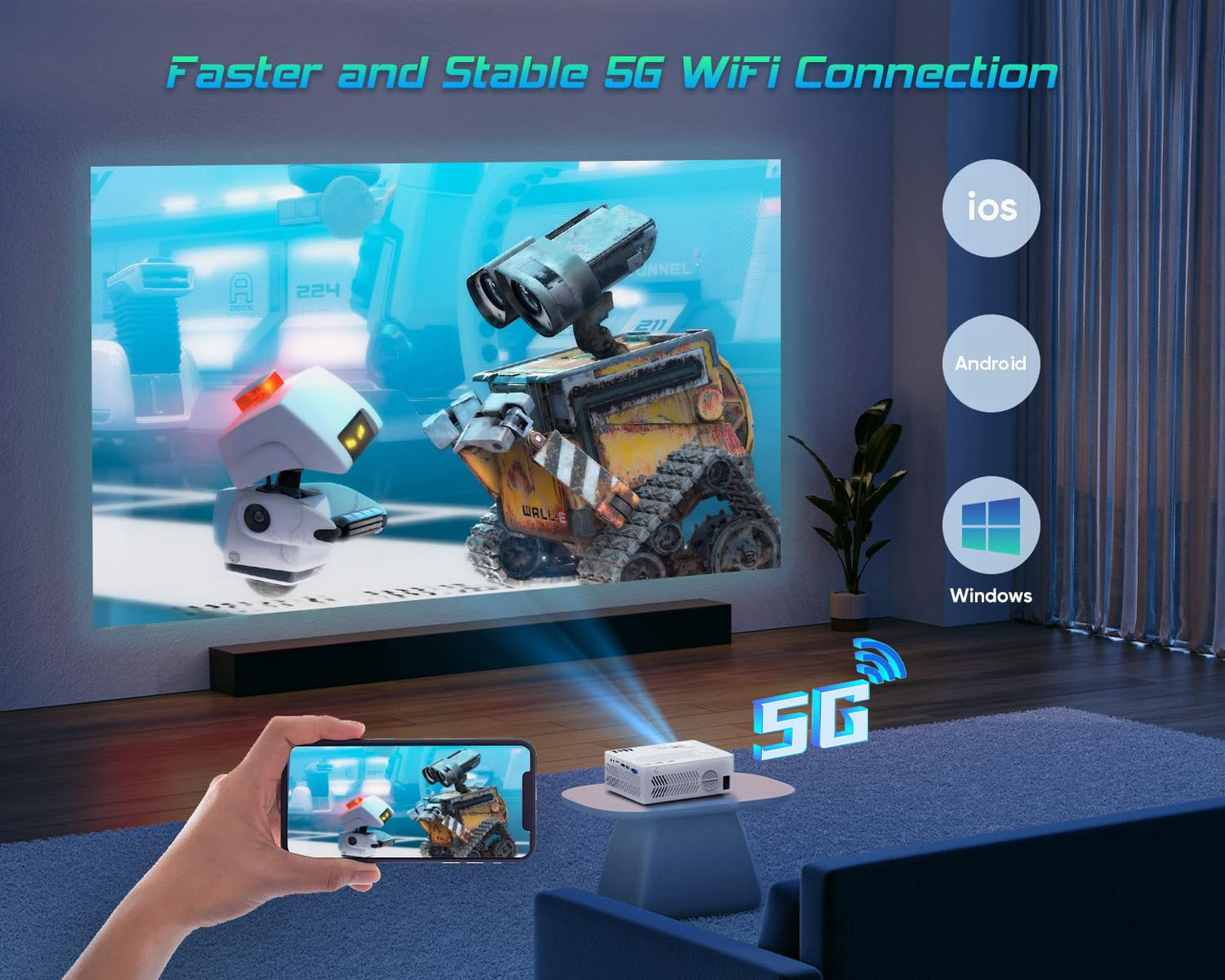 TMY Projector with WiFi and Bluetooth【100" screen included】Native 1080P Outdoor Projector, 4K Supported Portable Projector, Compatible with iOS/Android/PC/TV Stick/HDMI/USB, Indoor Outdoor Use