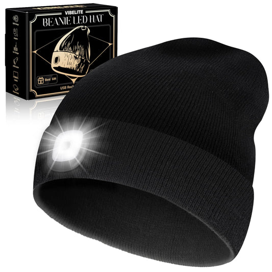 VIBELITE LED Beanie Hat with Light, USB Rechargeable LED Headlamp, Gifts for Christmas, Stocking Stuffers for Men Him Husband Boyfriend Dad Father, Black
