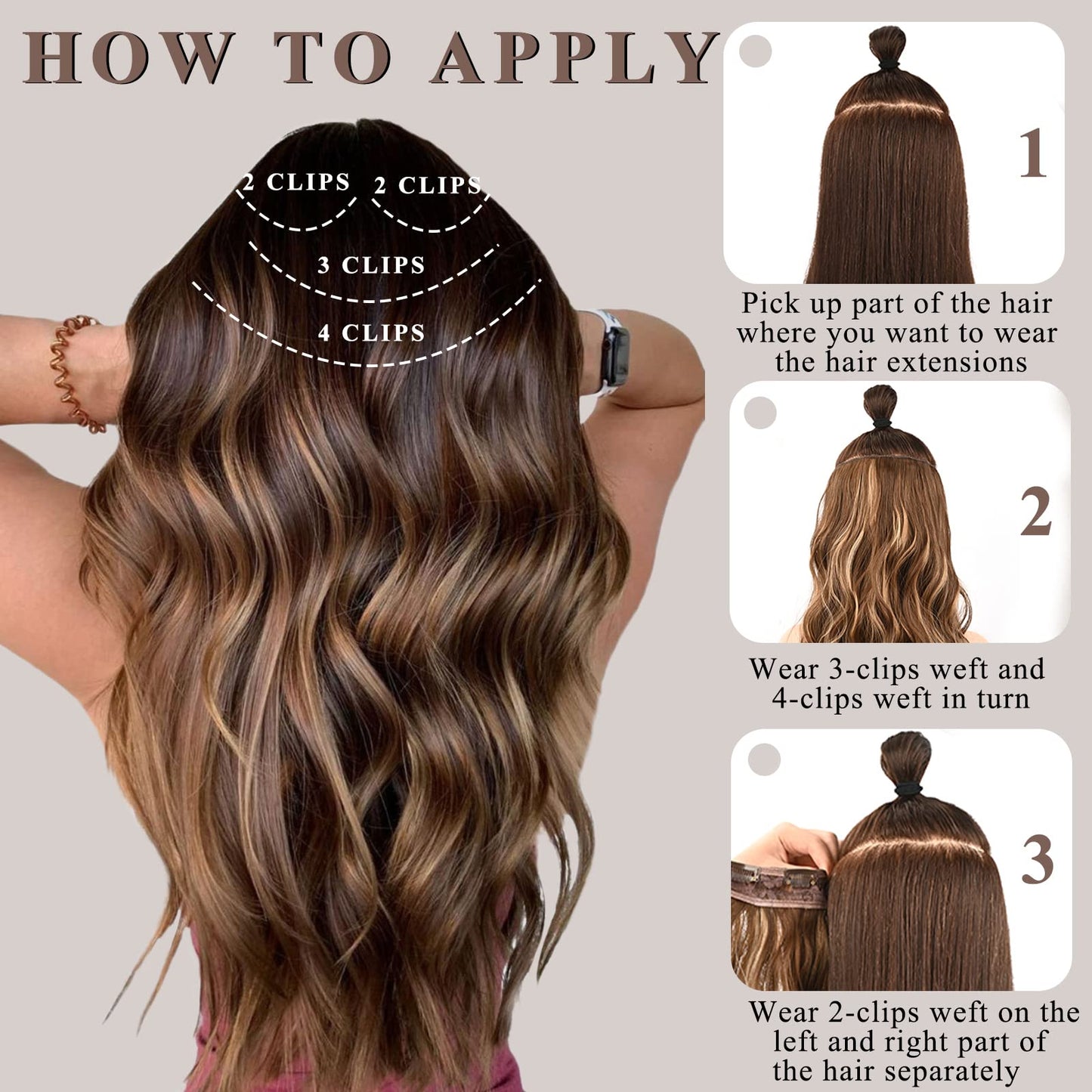 NAYOO 4PCS Clip in Hair Extensions Dark Brown Long Wavy Curly Synthetic Thick Hairpieces for Women with Fiber Double Weft Hair Full Head(20 inch, Dark Brown)