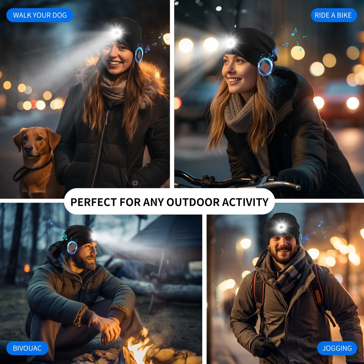 Mood Pie Bluetooth Beanie with Light,USB Rechargeable LED Headlamp Hat Beanie,Musical Knit Hat with Headphones and Built-in Speaker Mic,Gifts for Men Women Teen Black