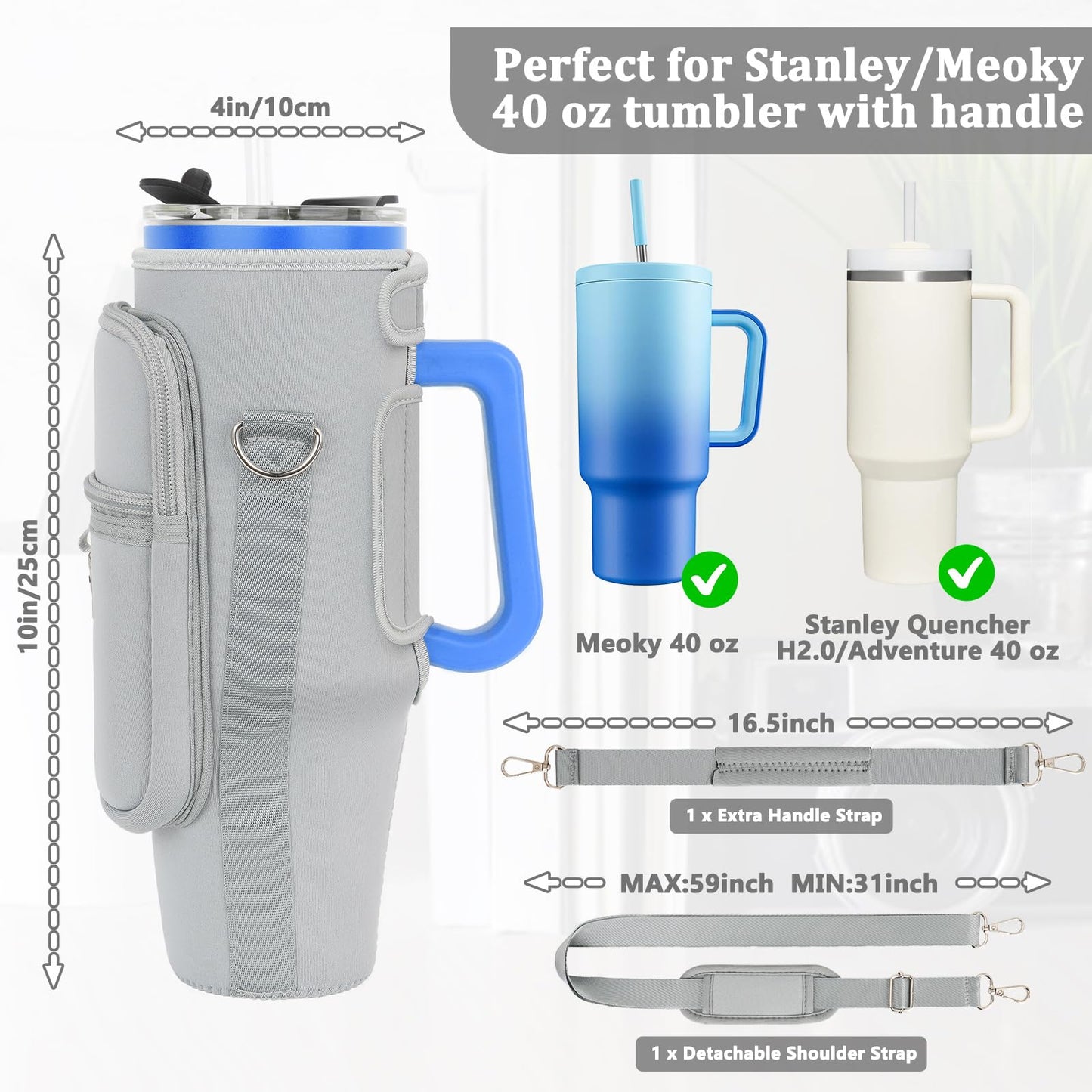 Water Bottle Carrier Bag with Phone Pocket Compatible with Stanley/Meoky 40 oz Tumbler with Handle,Neoprene Water Bottle Holder Pouch with Adjustable Strap Compatible with Stanley Cup Accessories